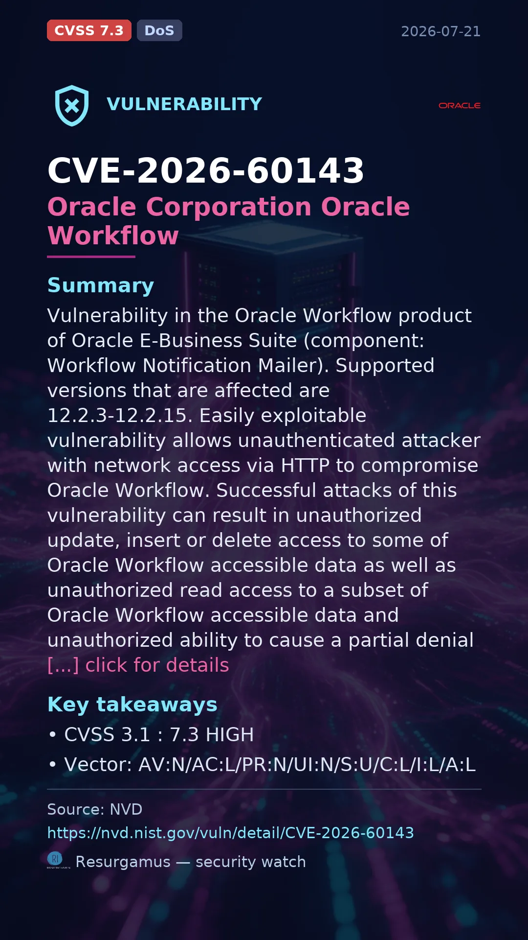 CVE-2026-60143 Oracle Corporation Oracle Workflow Vulnerability
