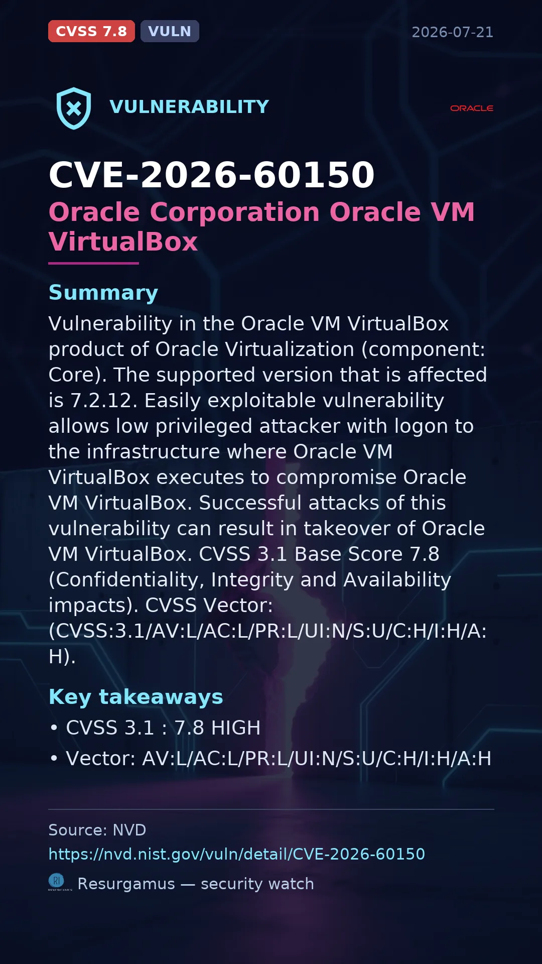 CVE-2026-60150 Oracle Corporation Oracle VM VirtualBox Vulnerability