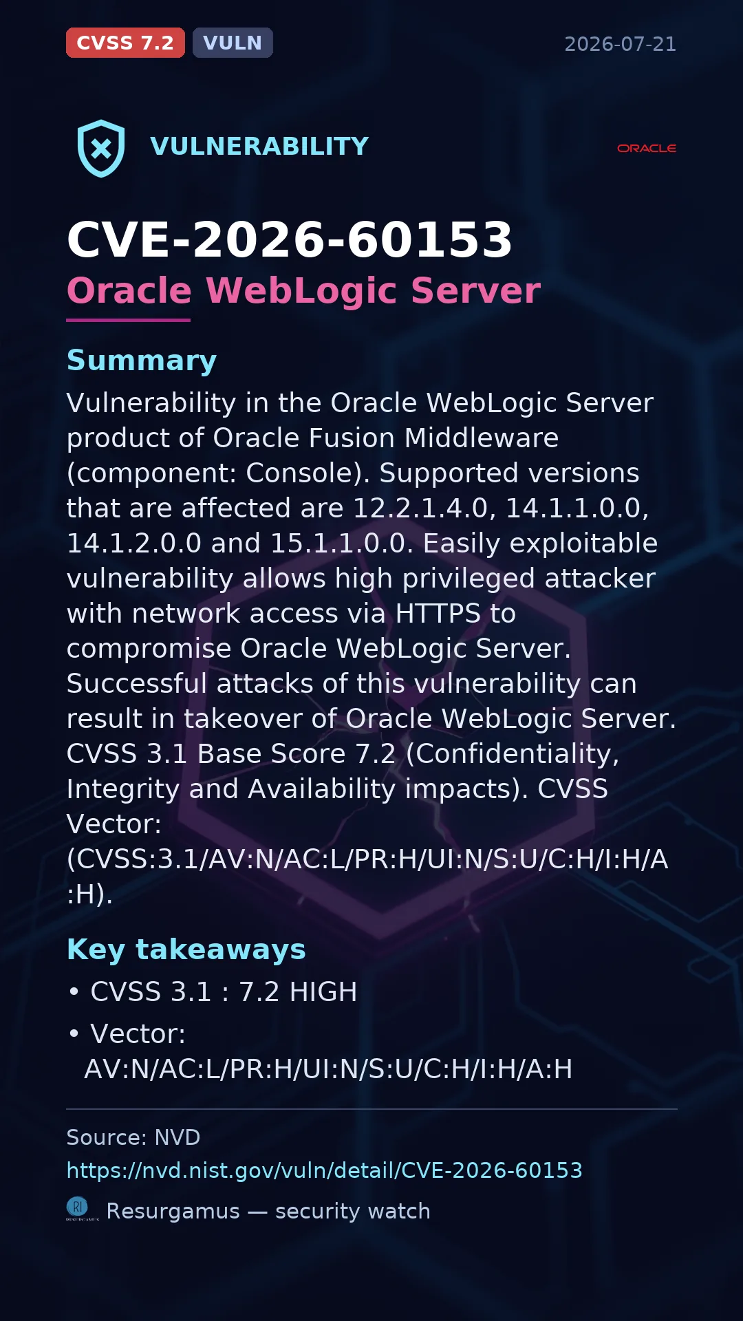 CVE-2026-60153 Oracle WebLogic Server Vulnerability