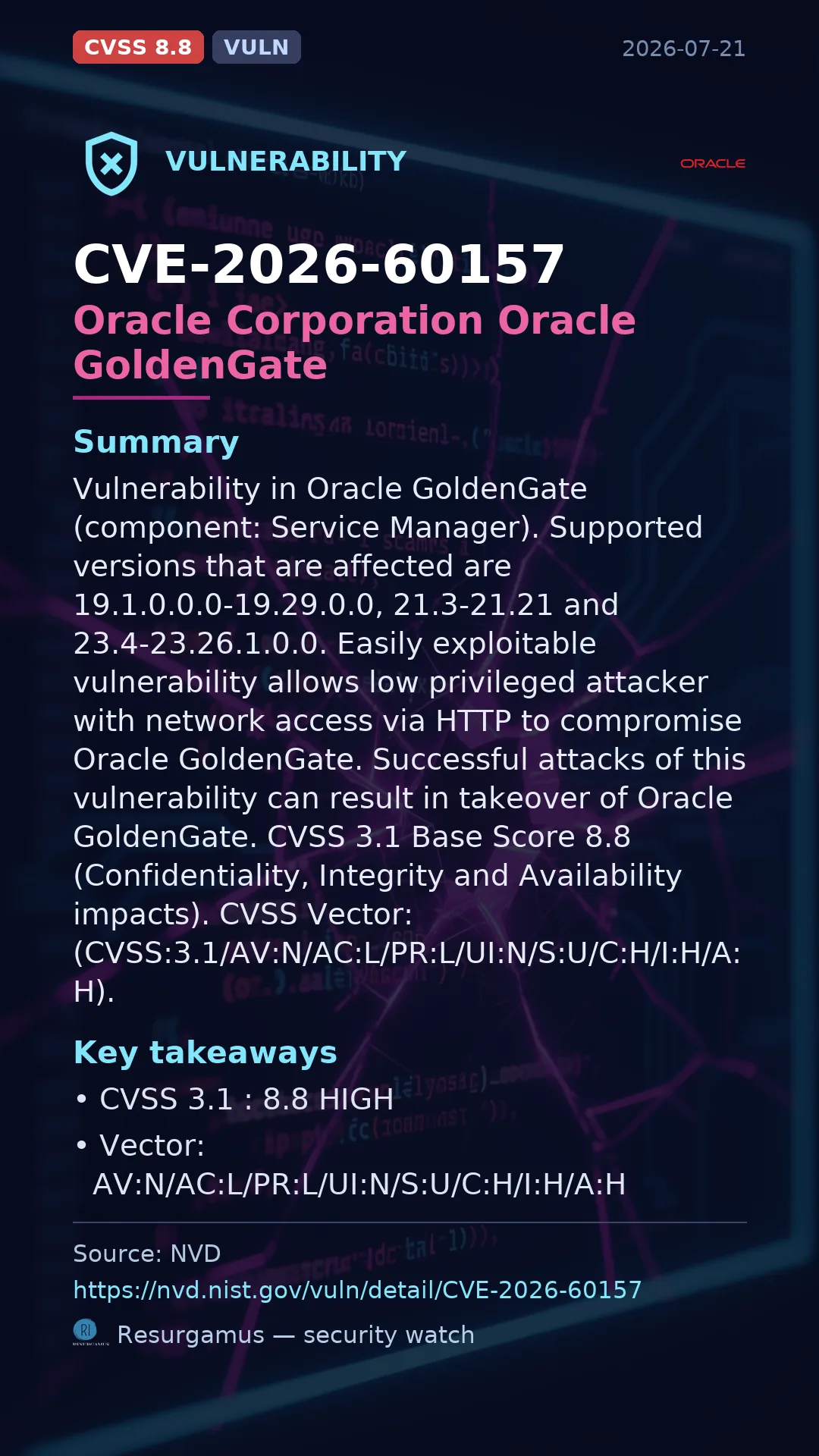 CVE-2026-60157 Oracle Corporation Oracle GoldenGate Vulnerability