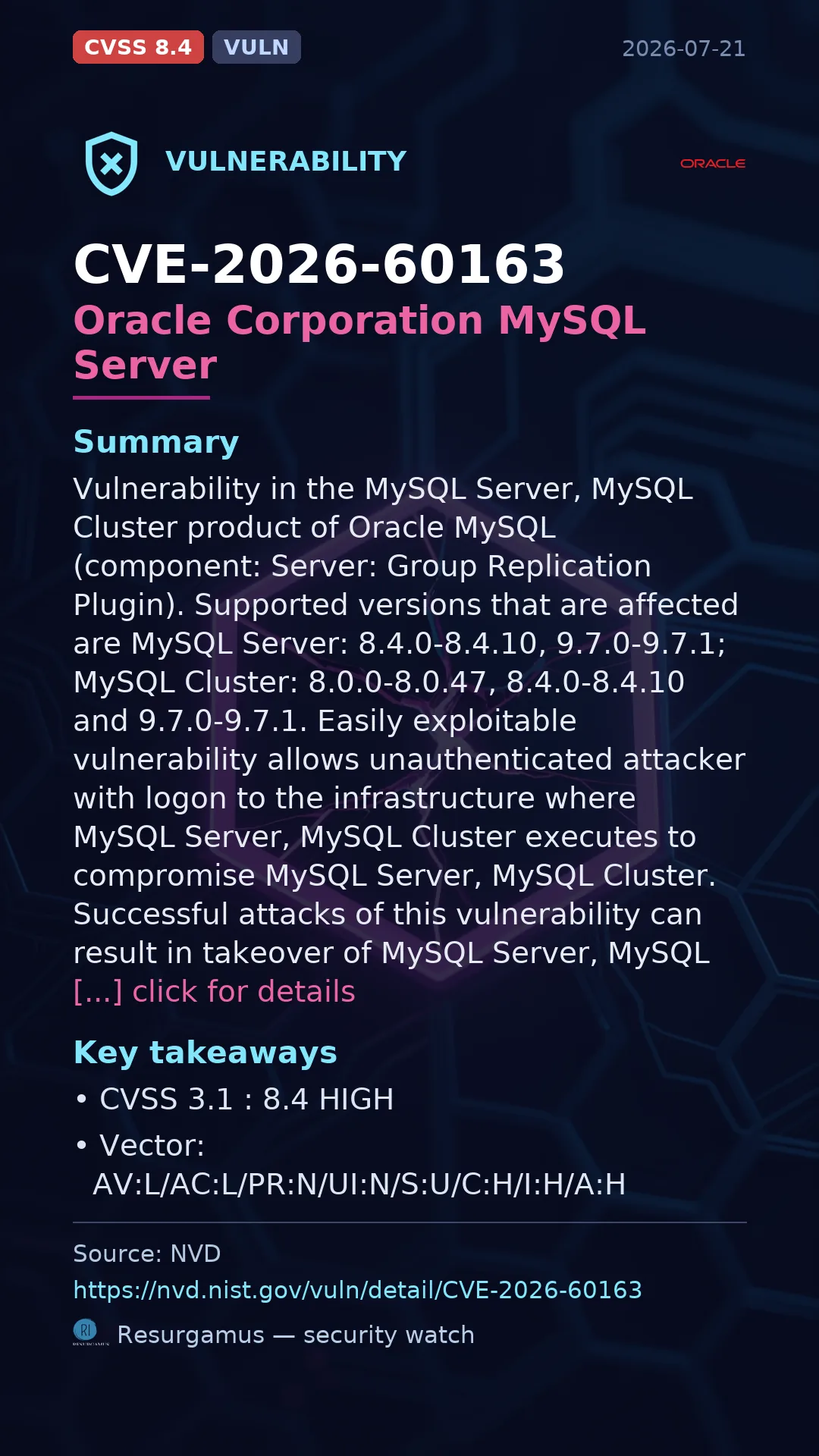 CVE-2026-60163 Oracle Corporation MySQL Server Vulnerability