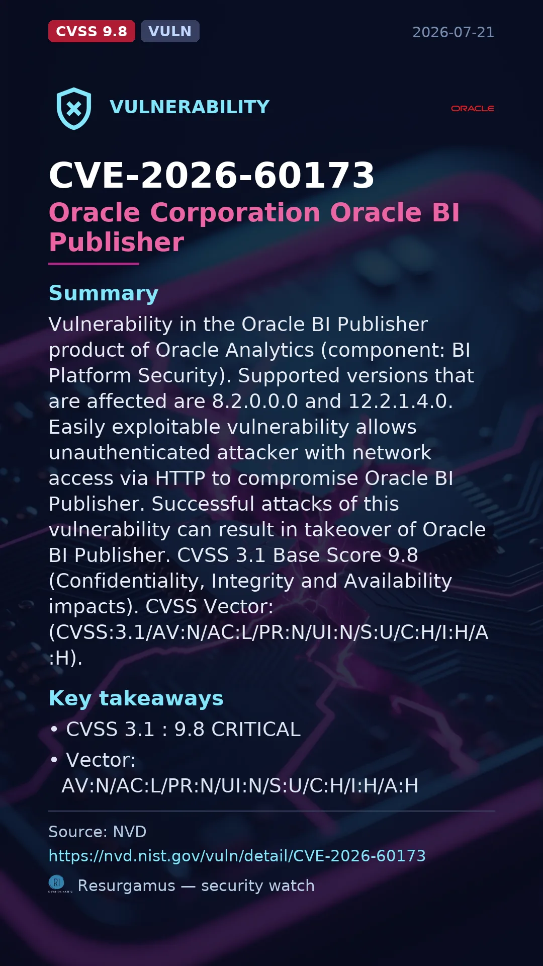 CVE-2026-60173 Oracle Corporation Oracle BI Publisher Vulnerability
