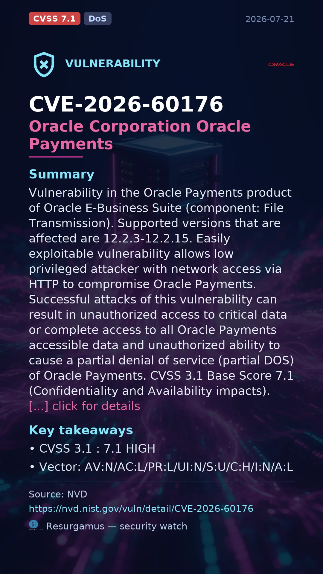 CVE-2026-60176 Oracle Corporation Oracle Payments Vulnerability