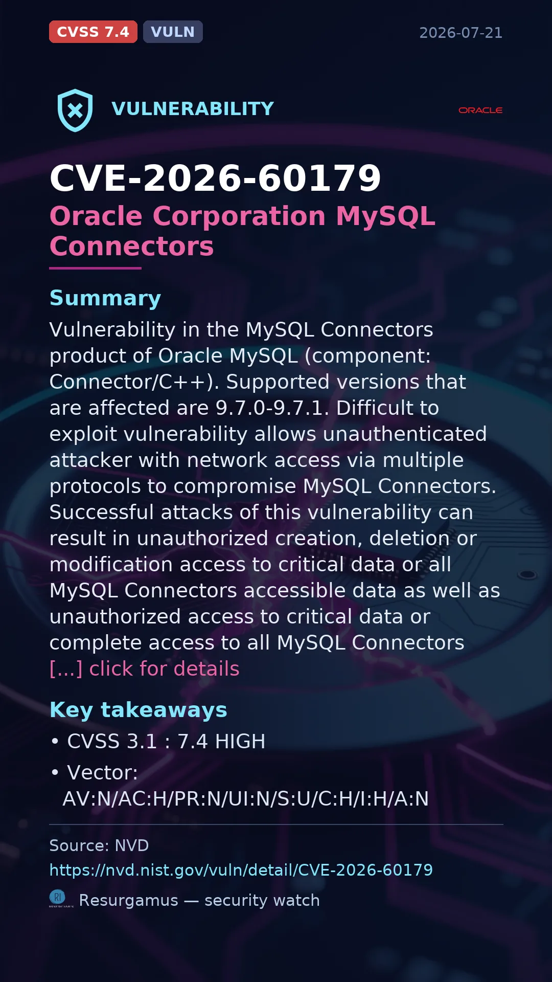 CVE-2026-60179 Oracle Corporation MySQL Connectors Vulnerability
