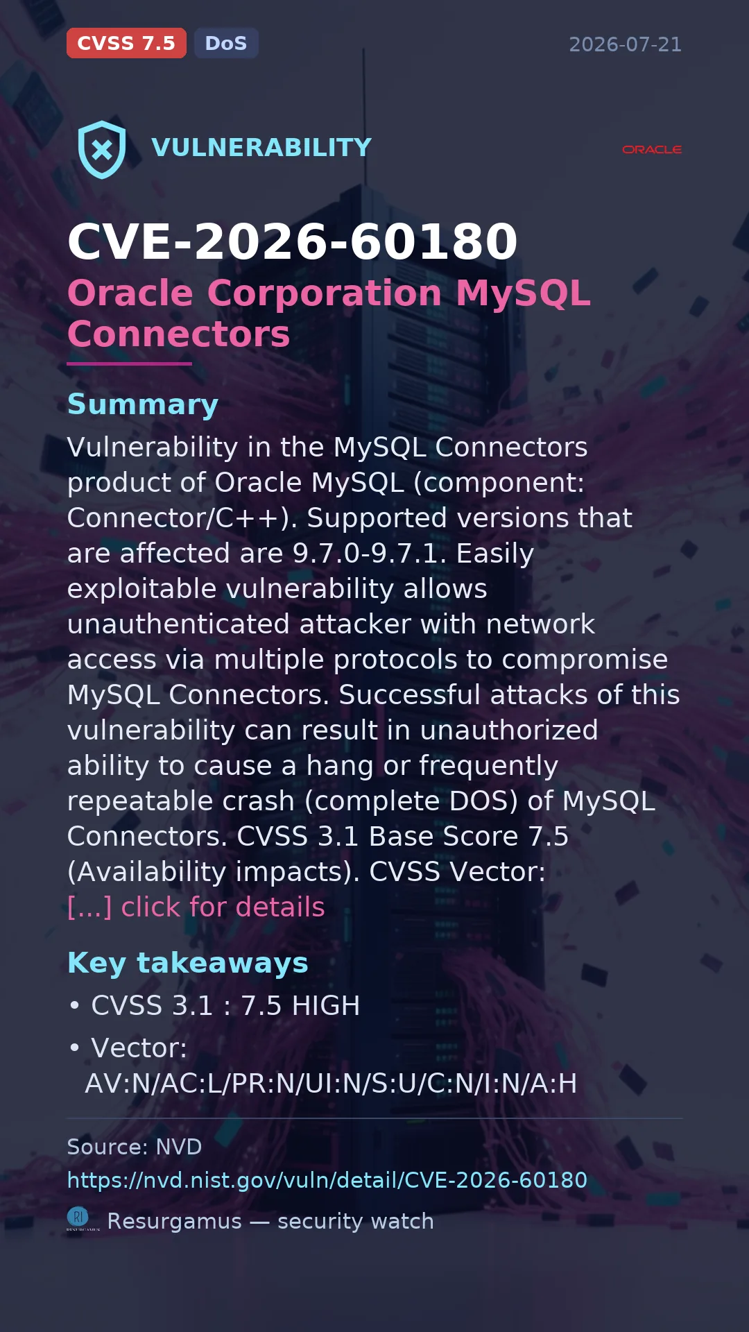 CVE-2026-60180 Oracle Corporation MySQL Connectors Vulnerability