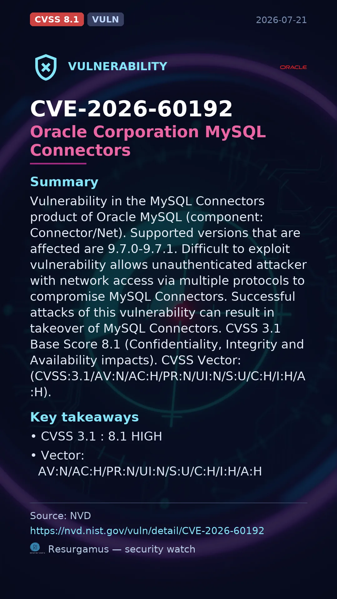 CVE-2026-60192 Oracle Corporation MySQL Connectors Vulnerability