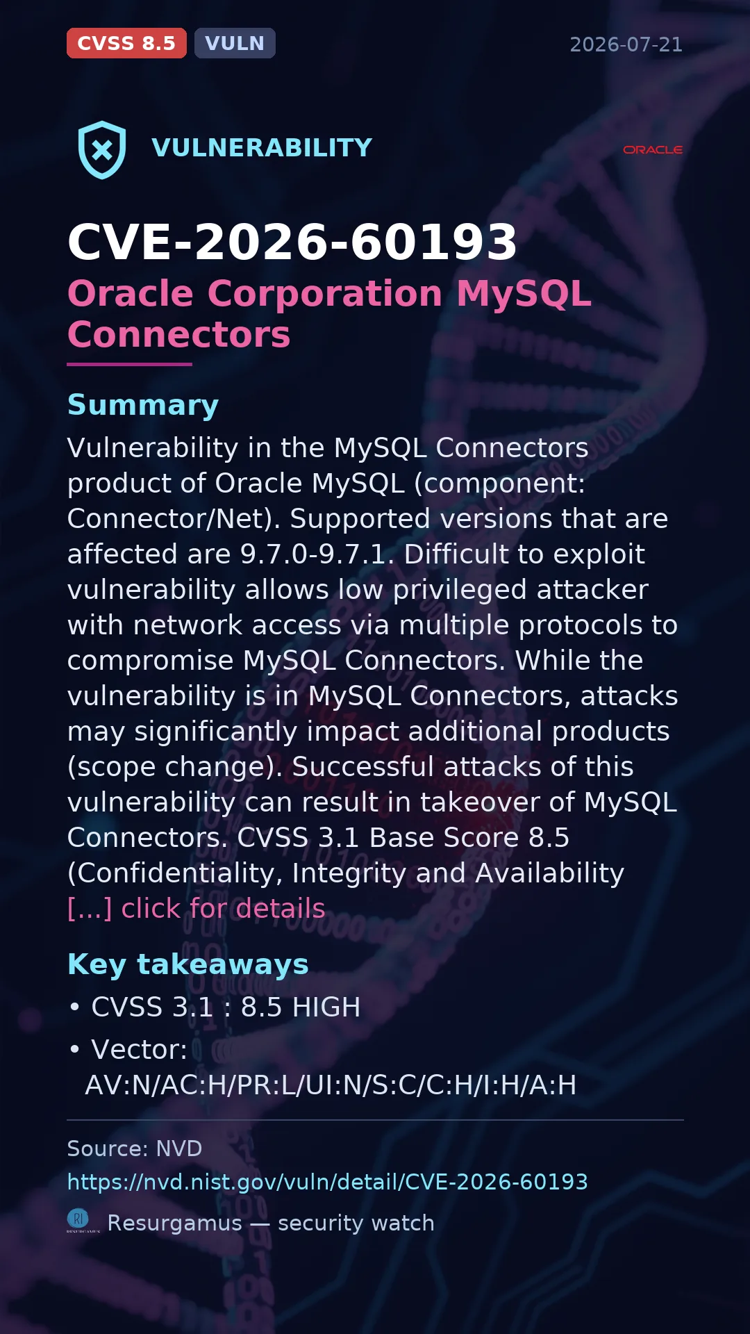 CVE-2026-60193 Oracle Corporation MySQL Connectors Vulnerability