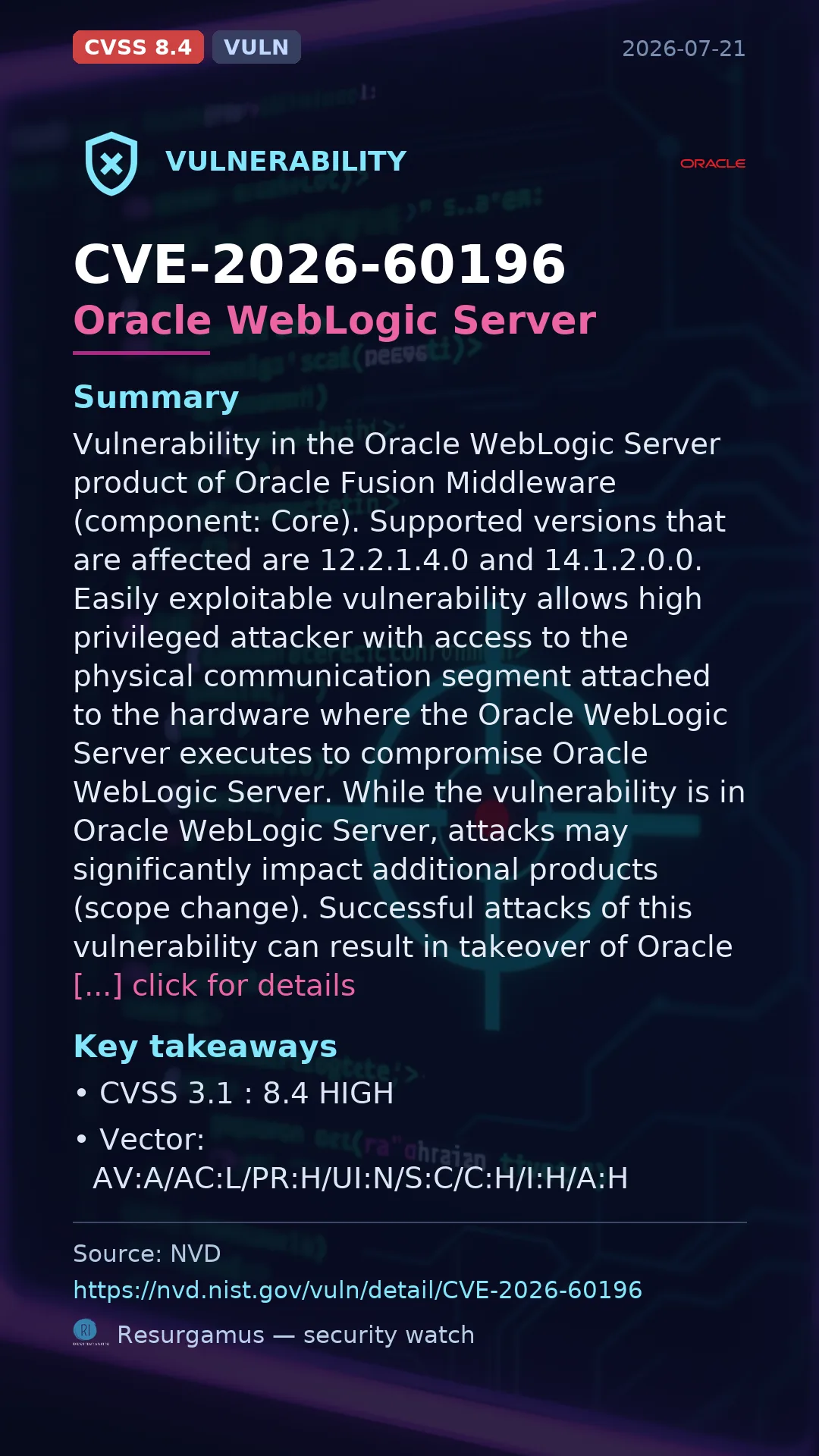 CVE-2026-60196 Oracle WebLogic Server Vulnerability