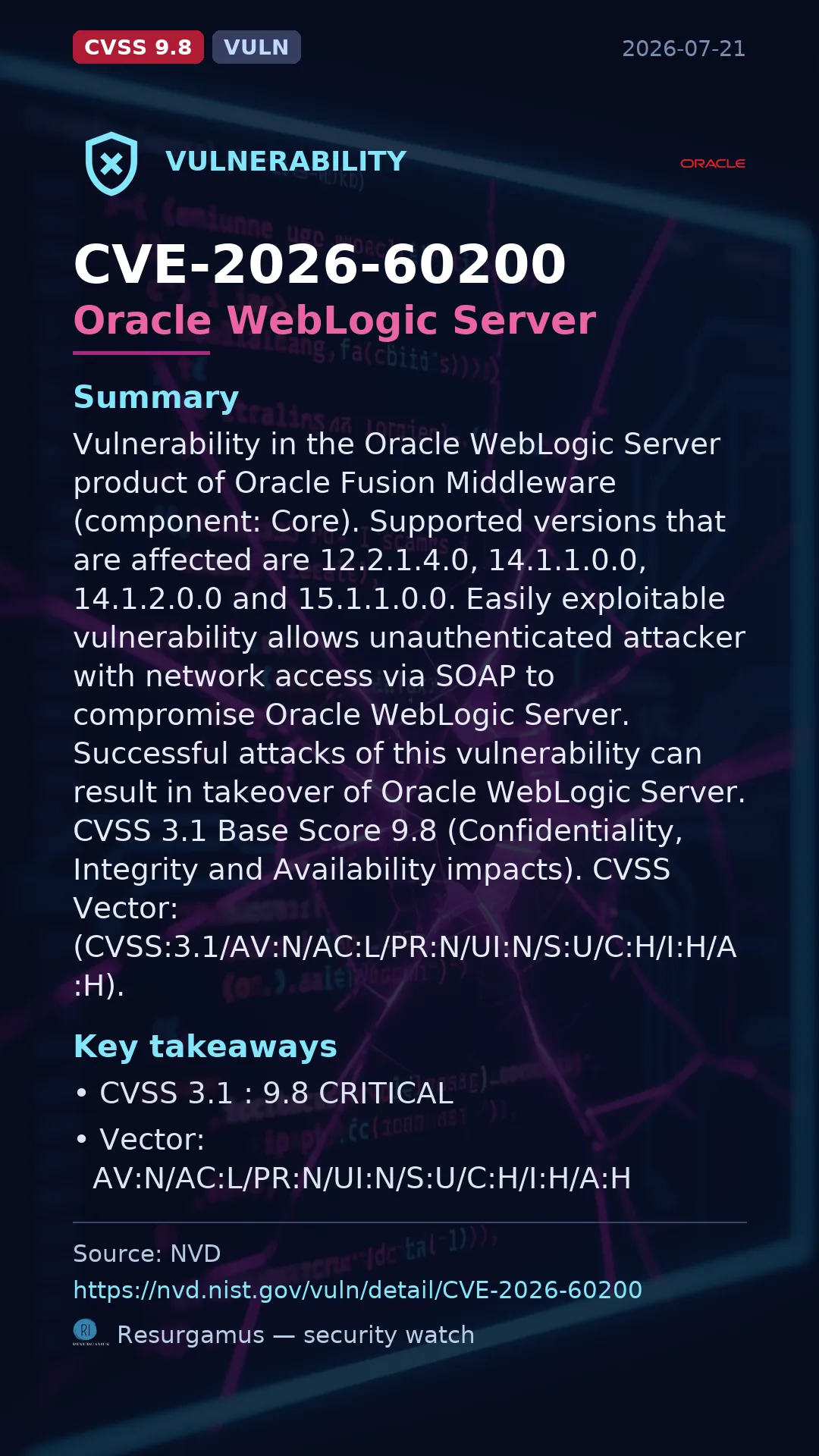 CVE-2026-60200 Oracle WebLogic Server Vulnerability