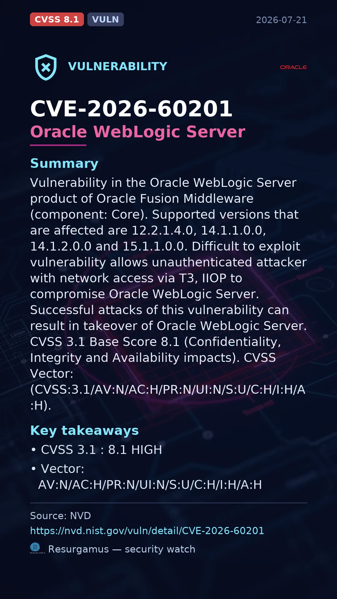 CVE-2026-60201 Oracle WebLogic Server Vulnerability