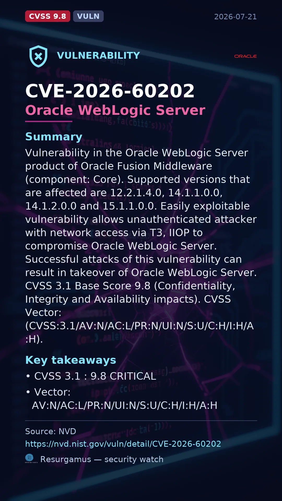 CVE-2026-60202 Oracle WebLogic Server Vulnerability