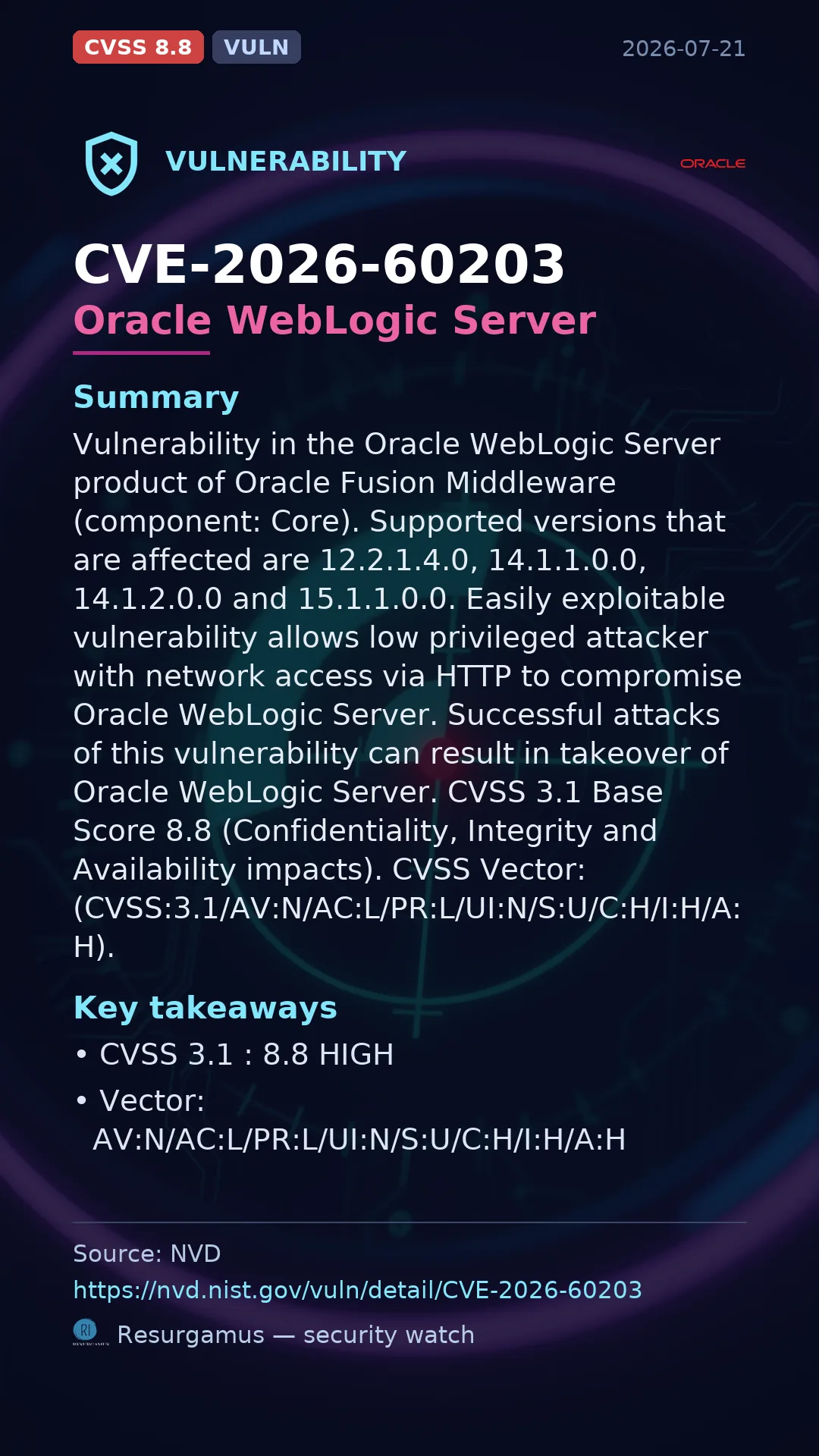 CVE-2026-60203 Oracle WebLogic Server Vulnerability