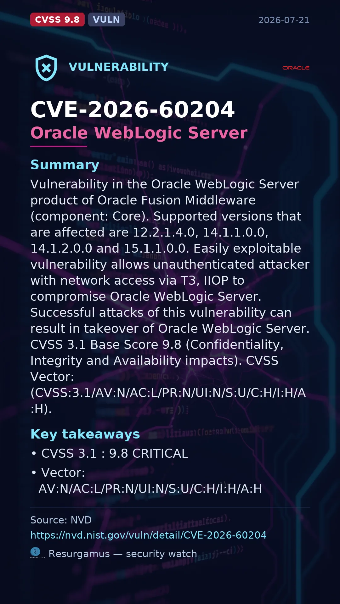 CVE-2026-60204 Oracle WebLogic Server Vulnerability
