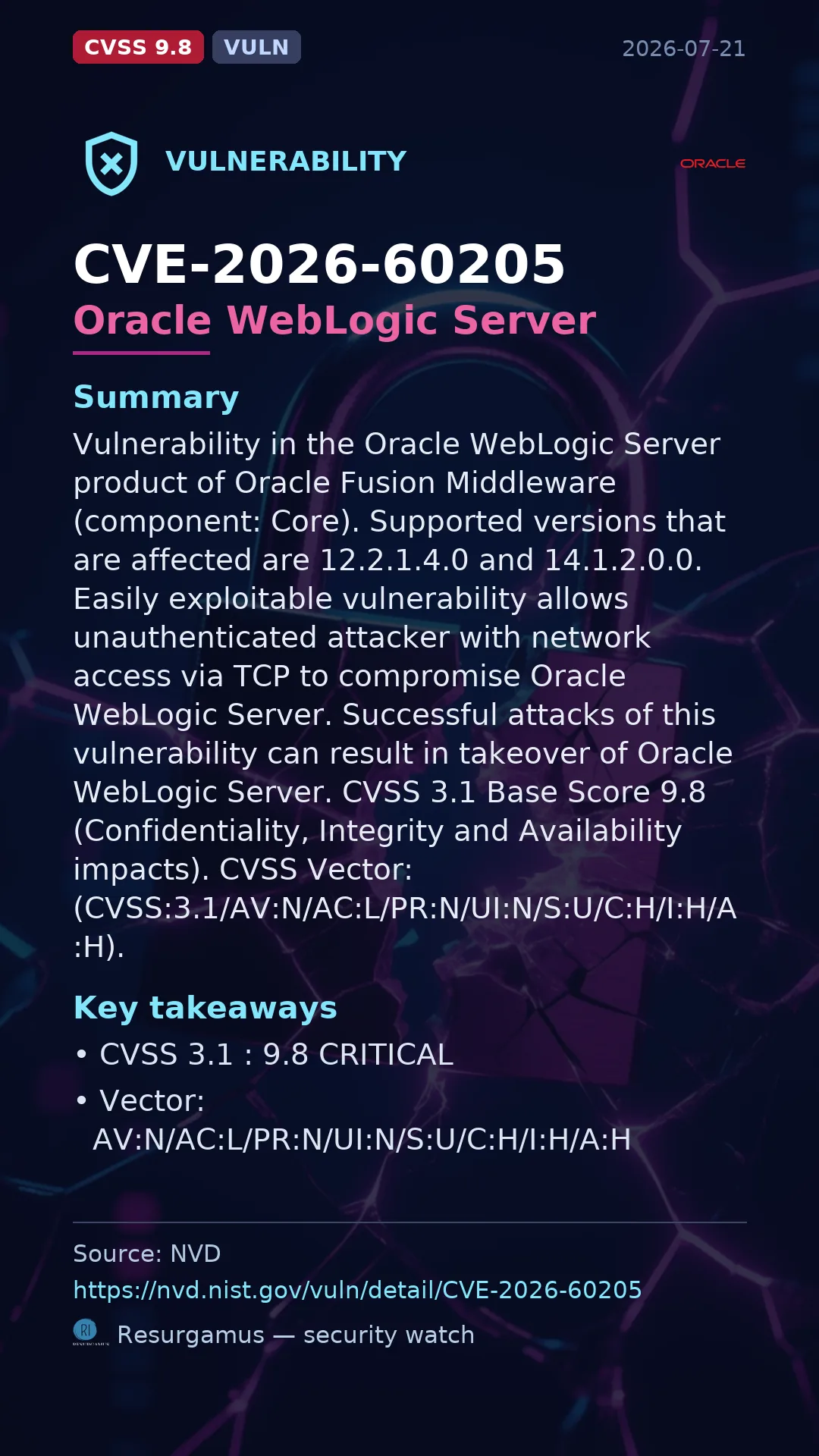 CVE-2026-60205 Oracle WebLogic Server Vulnerability