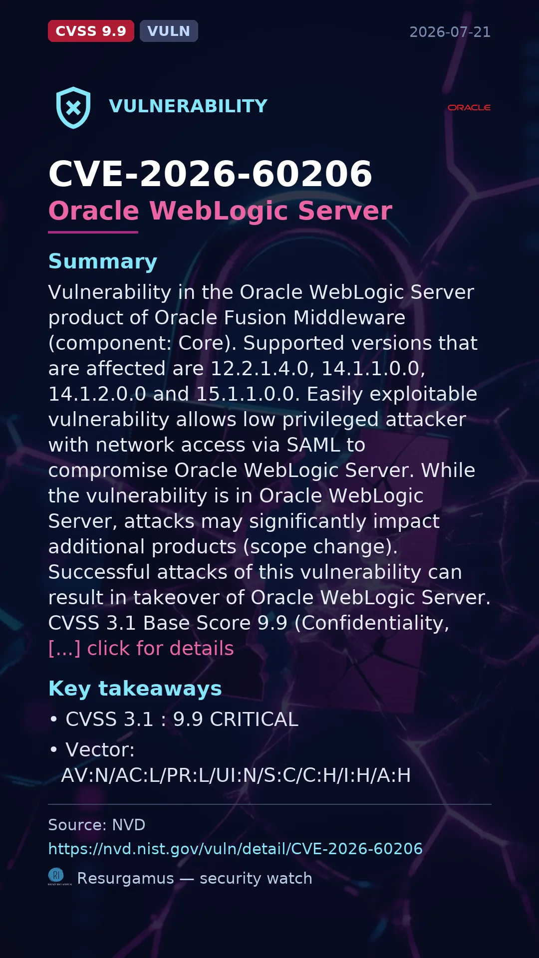CVE-2026-60206 Oracle WebLogic Server Vulnerability