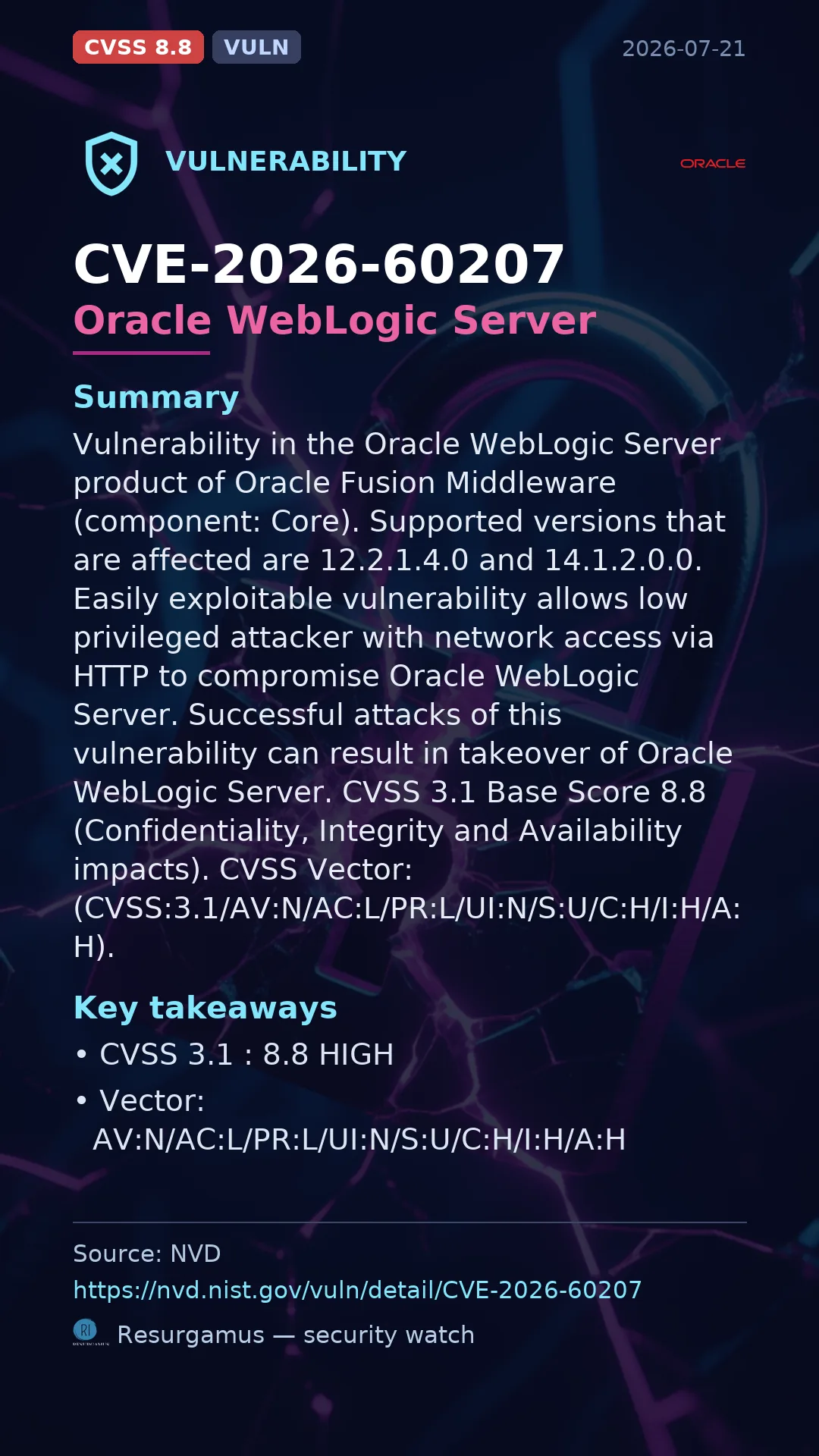 CVE-2026-60207 Oracle WebLogic Server Vulnerability