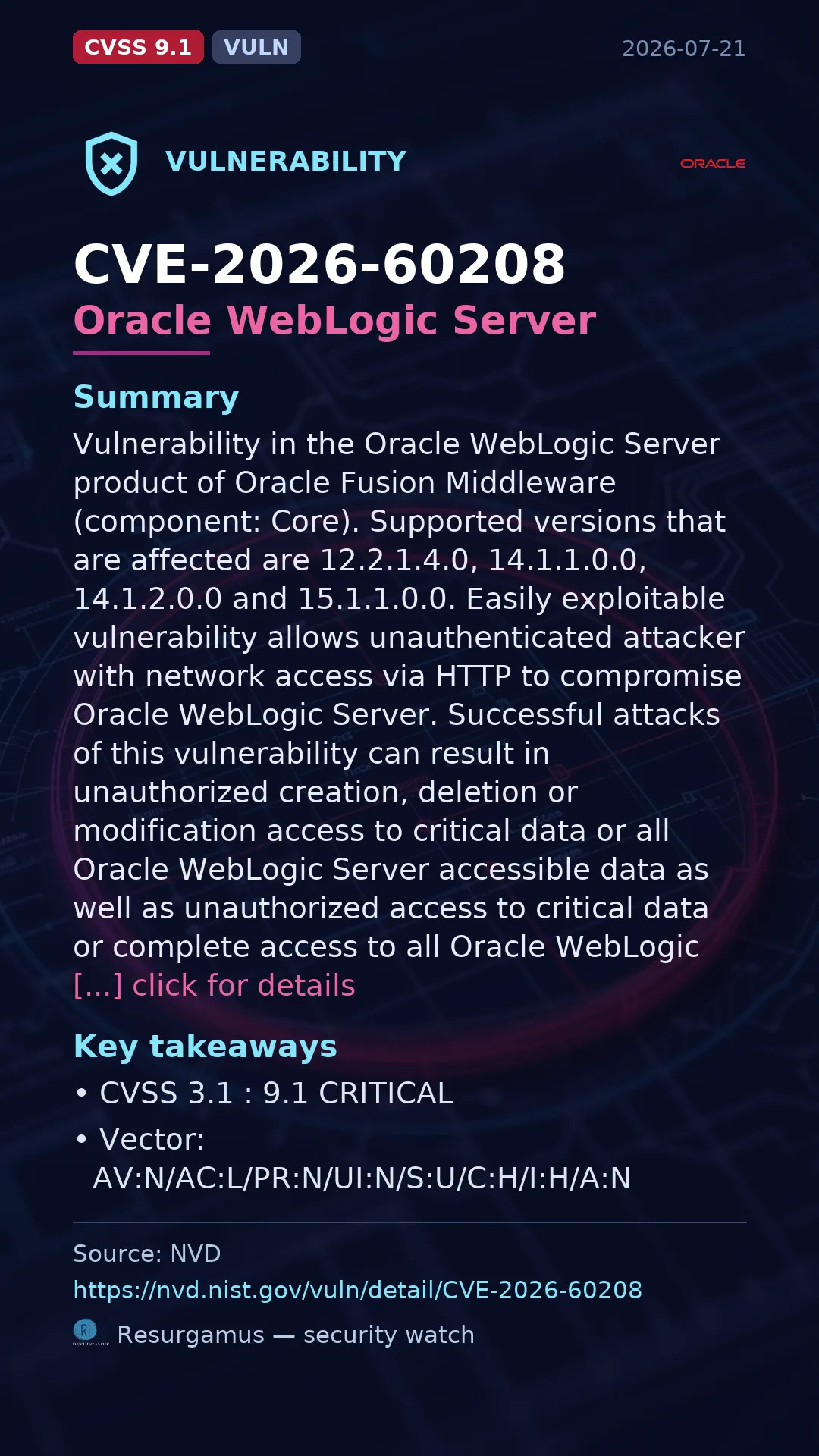CVE-2026-60208 Oracle WebLogic Server Vulnerability