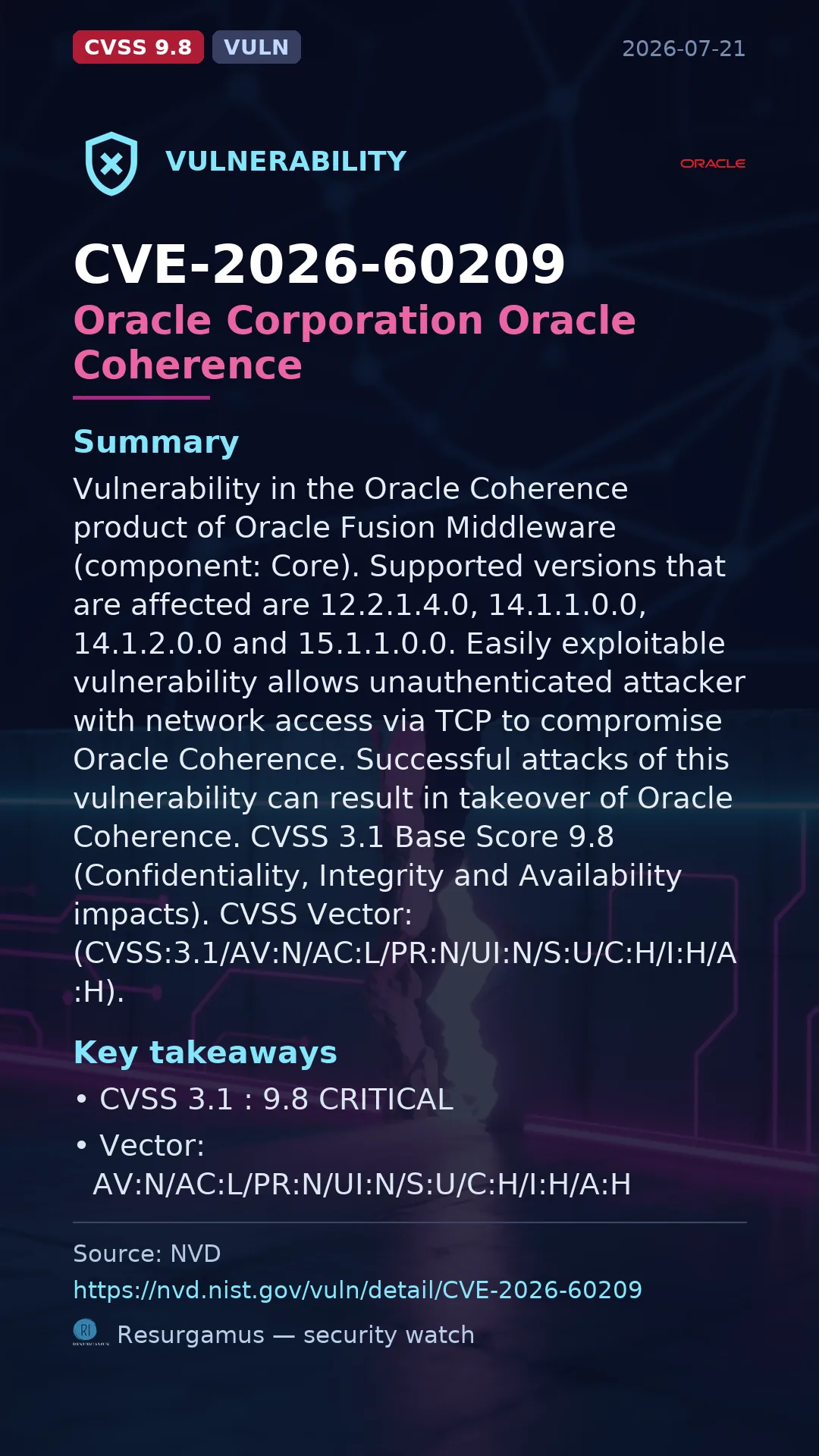 CVE-2026-60209 Oracle Corporation Oracle Coherence Vulnerability