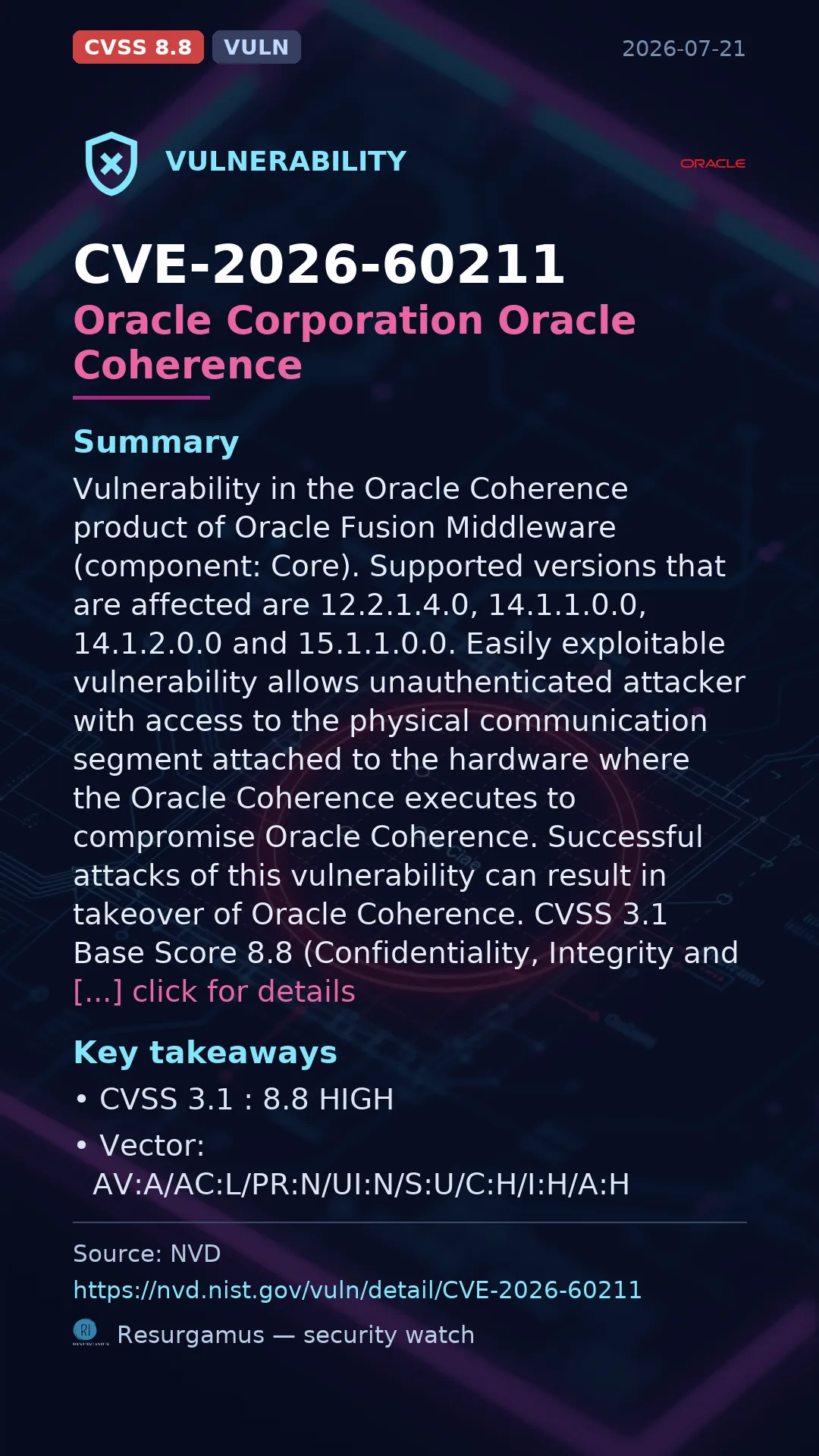 CVE-2026-60211 Oracle Corporation Oracle Coherence Vulnerability