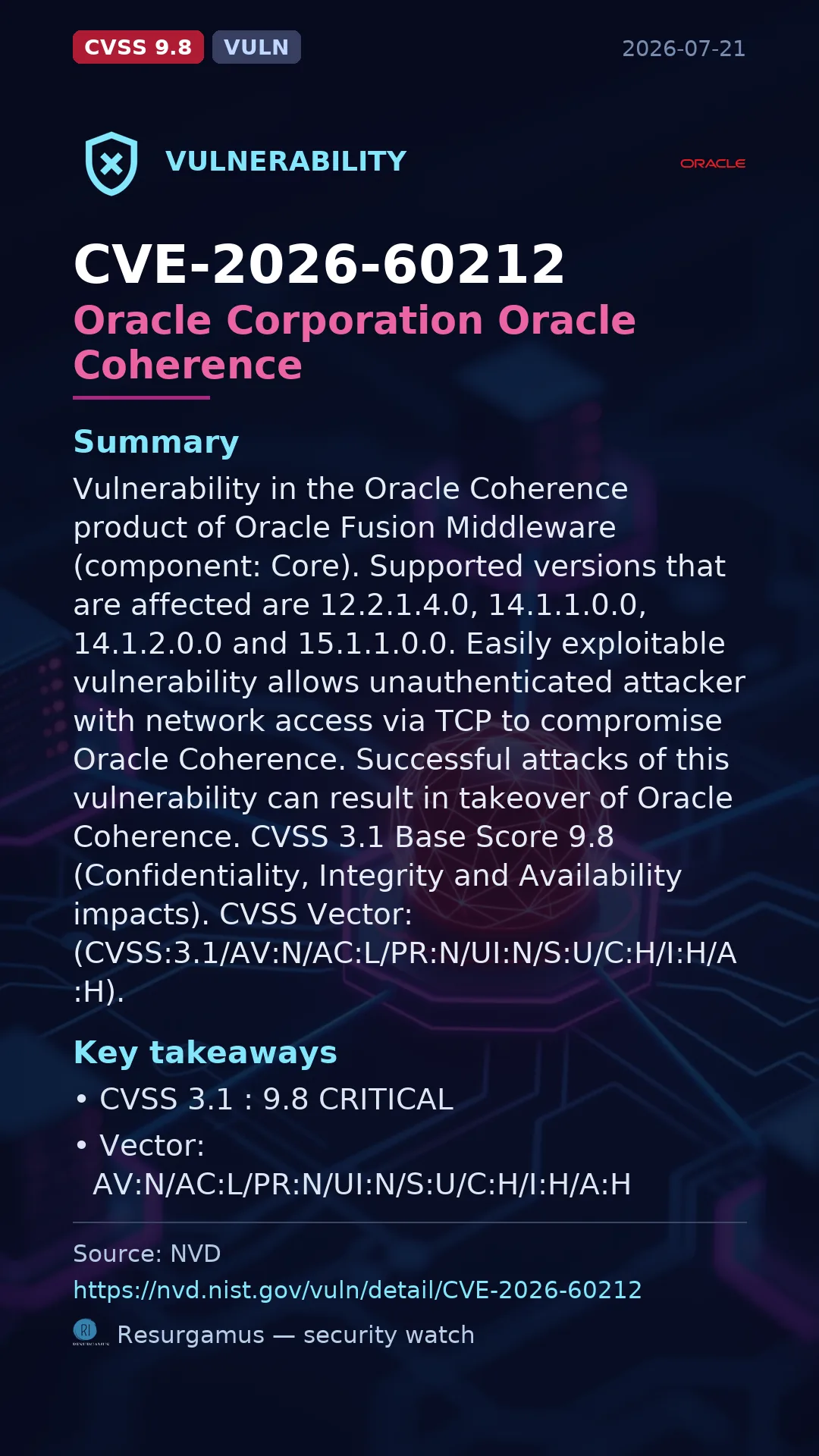 CVE-2026-60212 Oracle Corporation Oracle Coherence Vulnerability