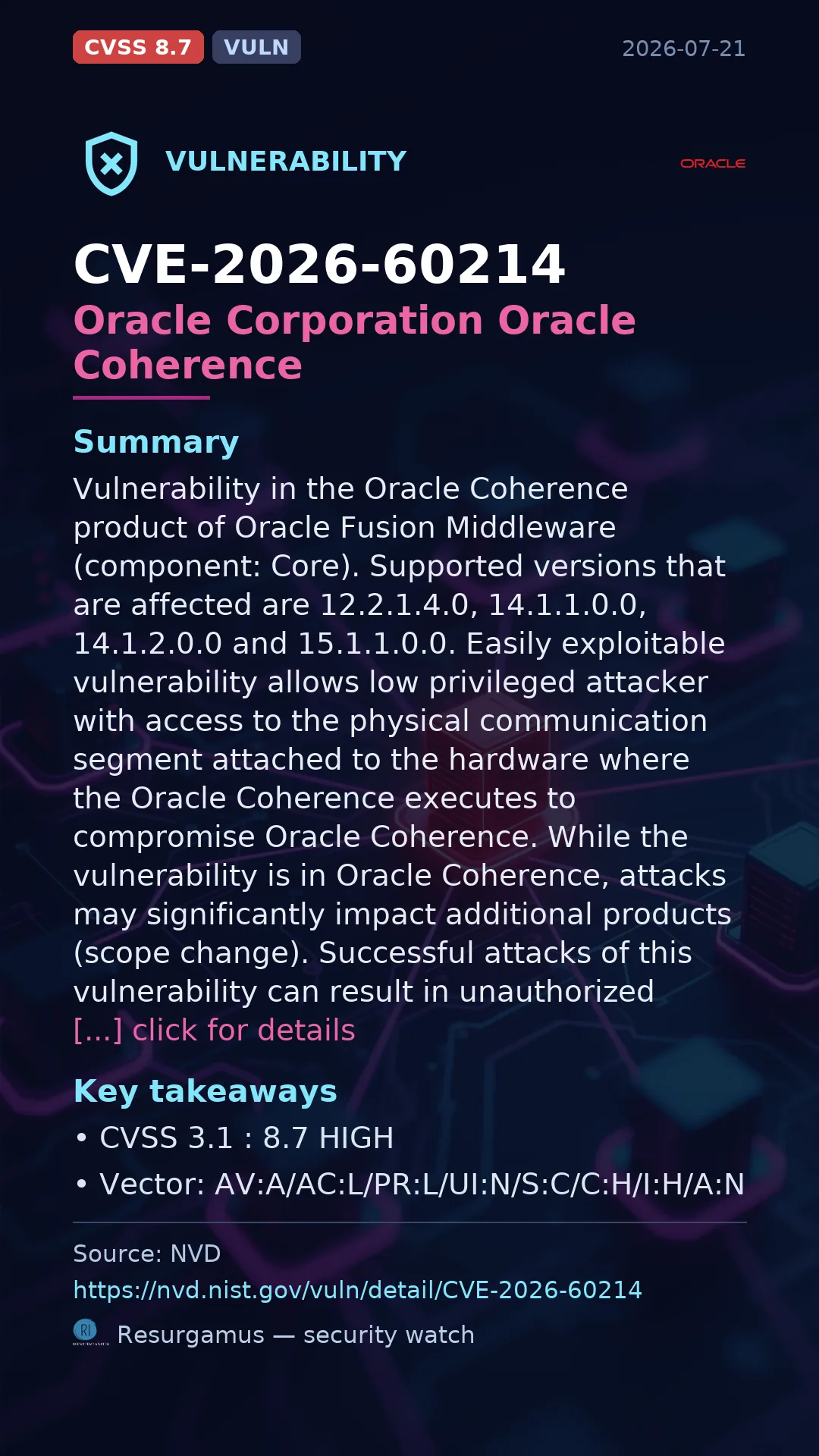 CVE-2026-60214 Oracle Corporation Oracle Coherence Vulnerability
