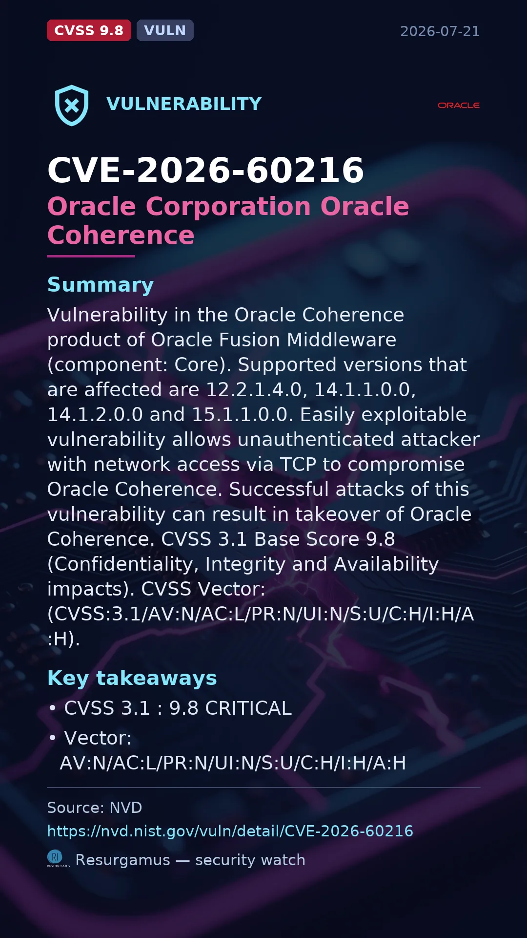 CVE-2026-60216 Oracle Corporation Oracle Coherence Vulnerability