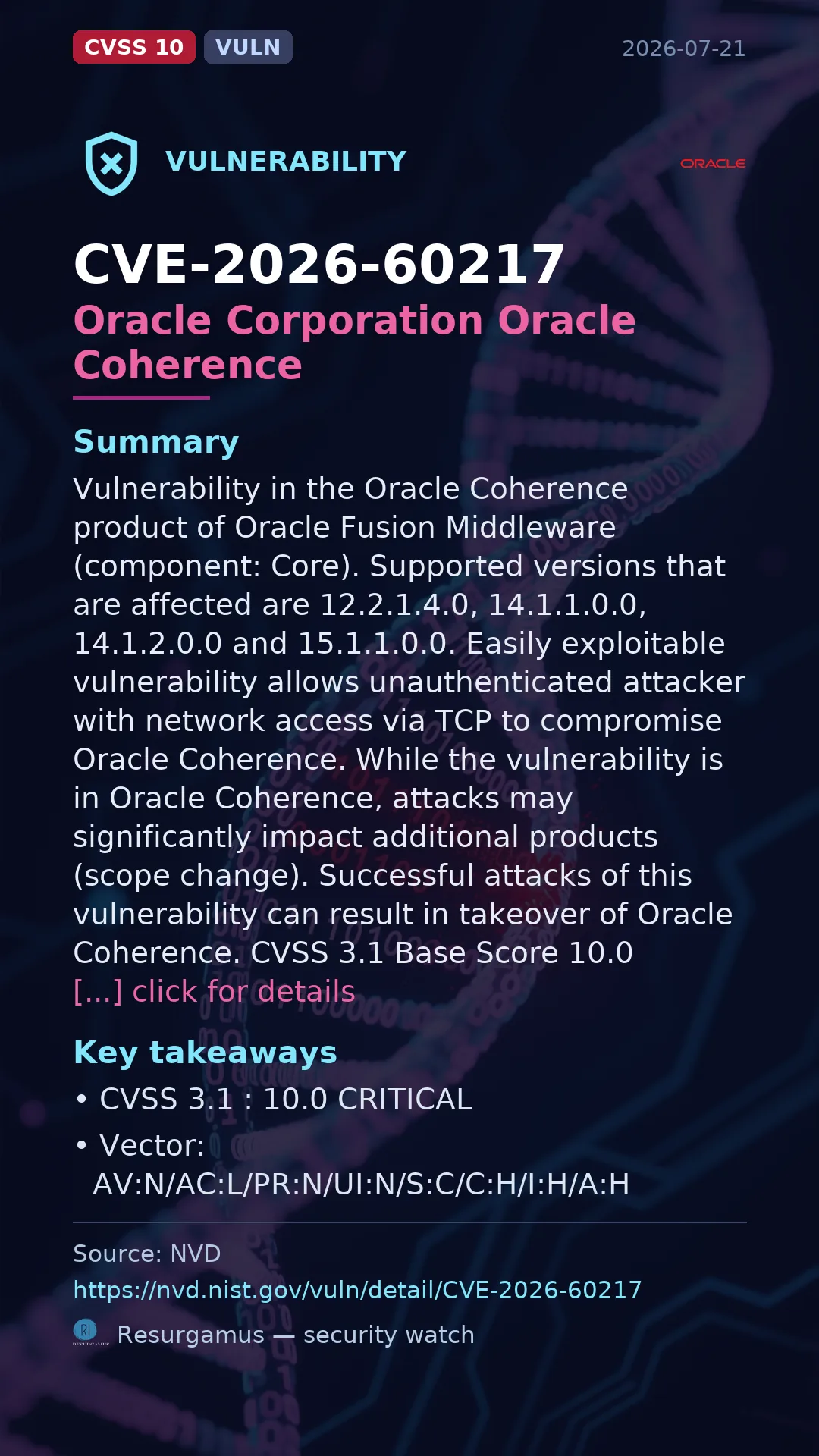 CVE-2026-60217 Oracle Corporation Oracle Coherence Vulnerability