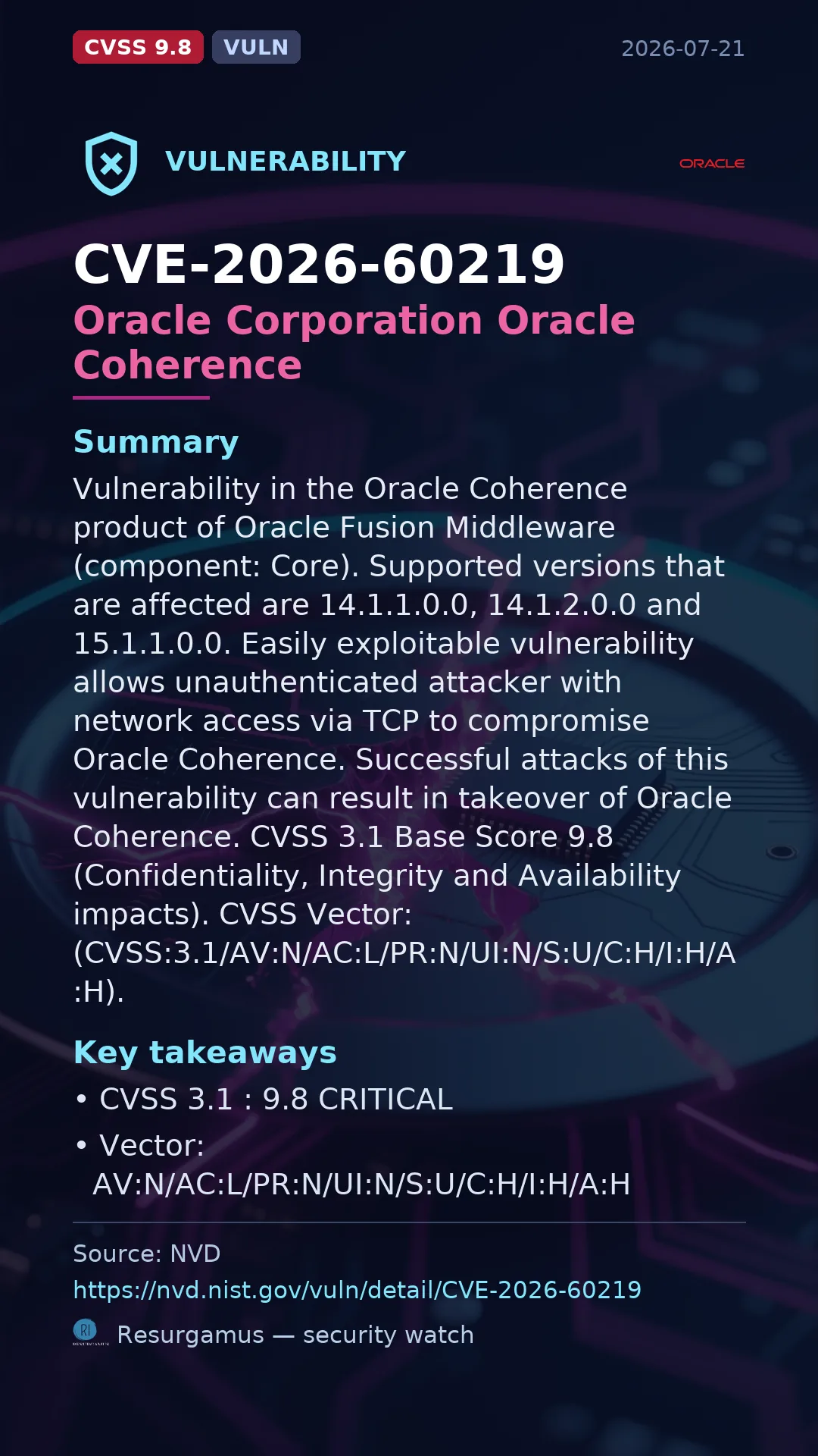 CVE-2026-60219 Oracle Corporation Oracle Coherence Vulnerability