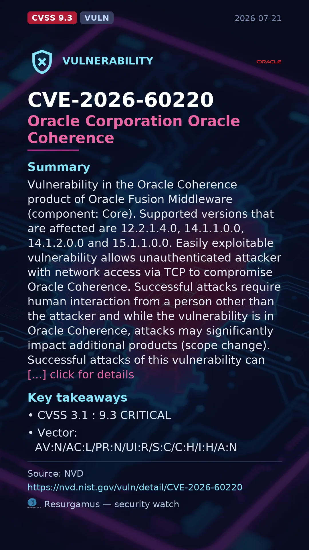 CVE-2026-60220 Oracle Corporation Oracle Coherence Vulnerability
