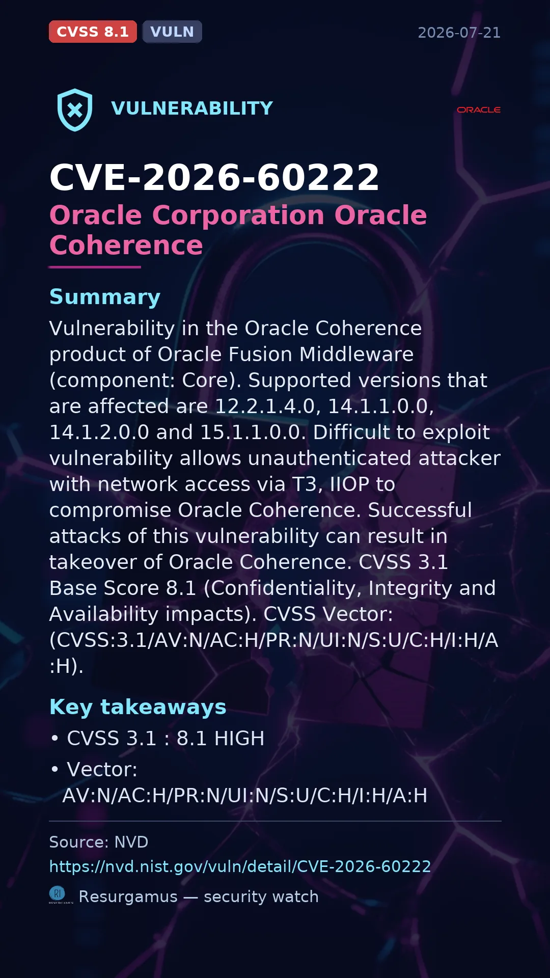 CVE-2026-60222 Oracle Corporation Oracle Coherence Vulnerability