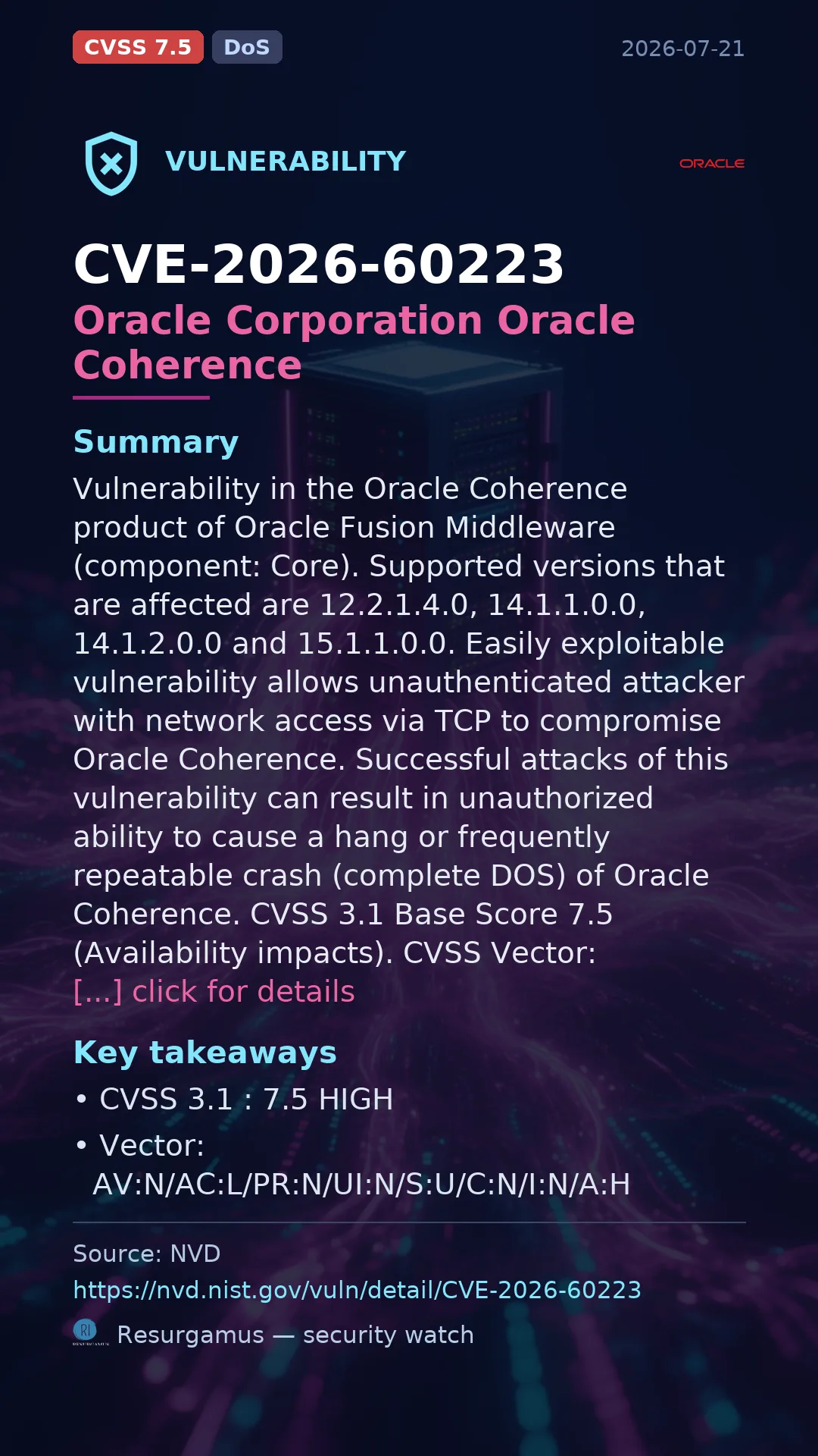 CVE-2026-60223 Oracle Corporation Oracle Coherence Vulnerability