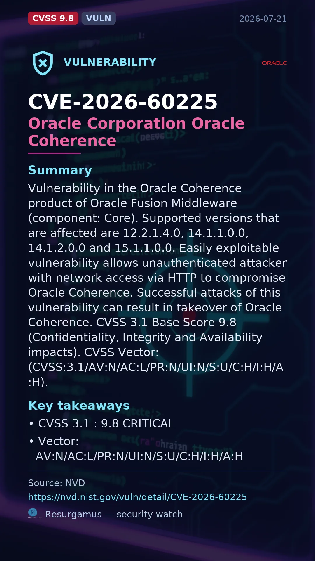CVE-2026-60225 Oracle Corporation Oracle Coherence Vulnerability