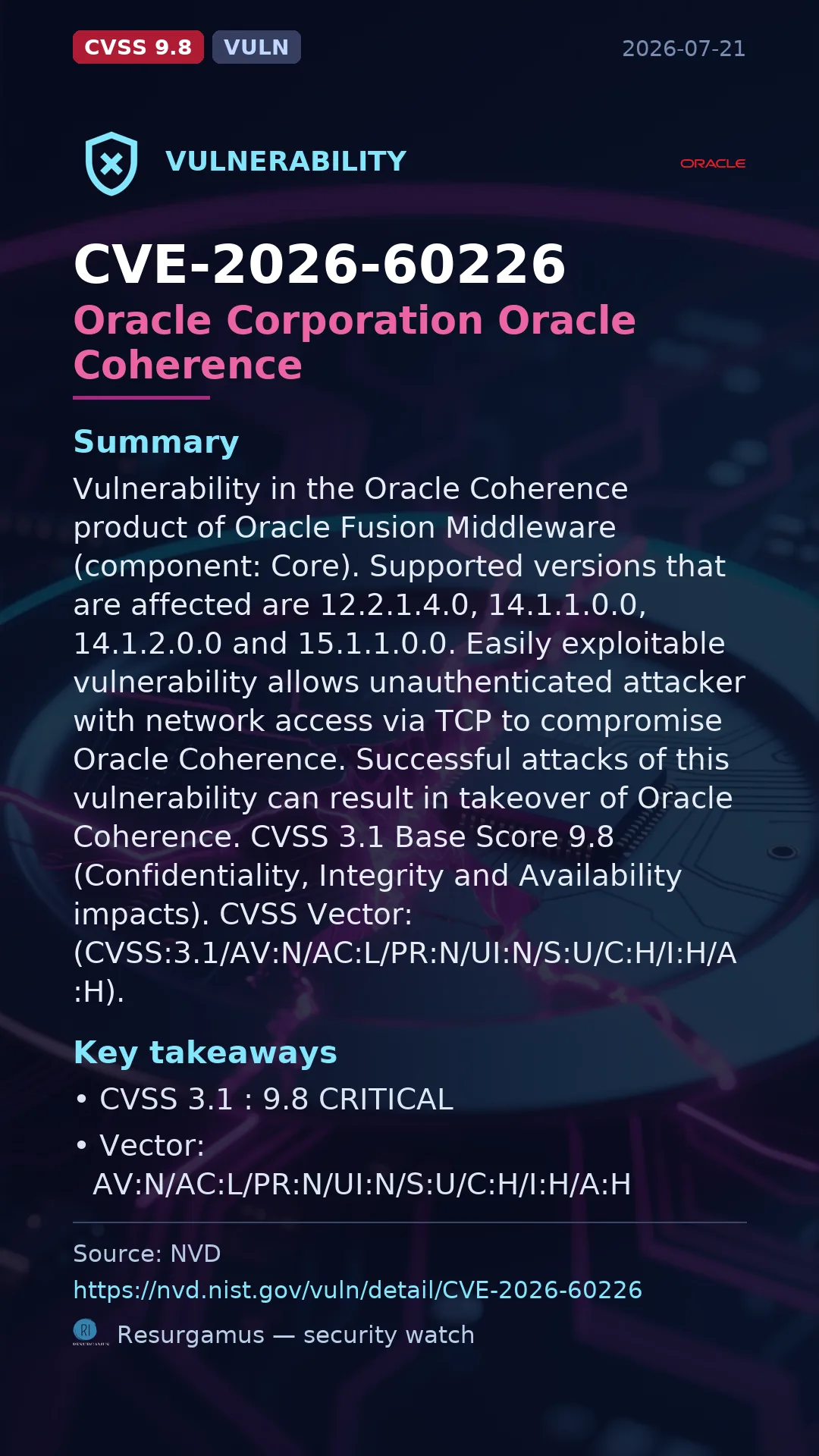 CVE-2026-60226 Oracle Corporation Oracle Coherence Vulnerability