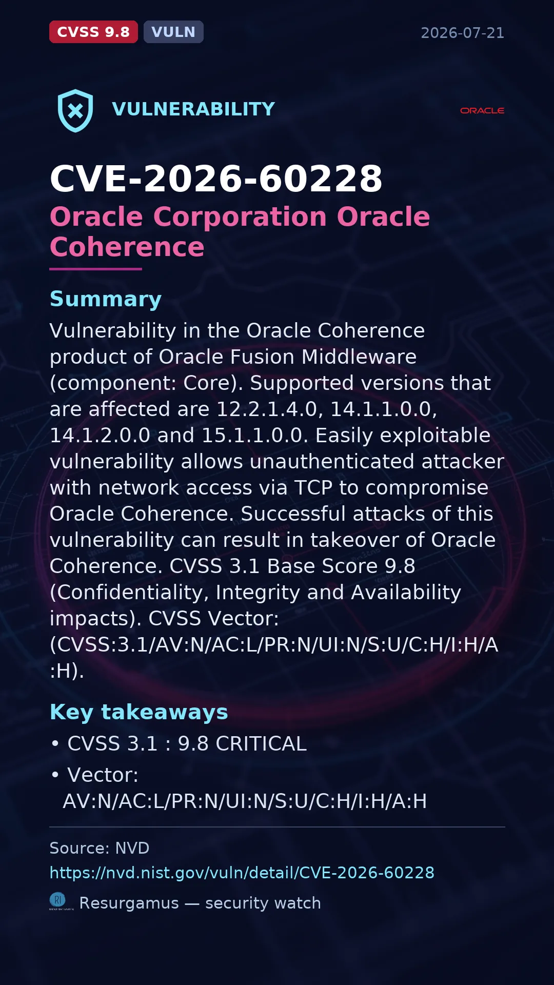 CVE-2026-60228 Oracle Corporation Oracle Coherence Vulnerability