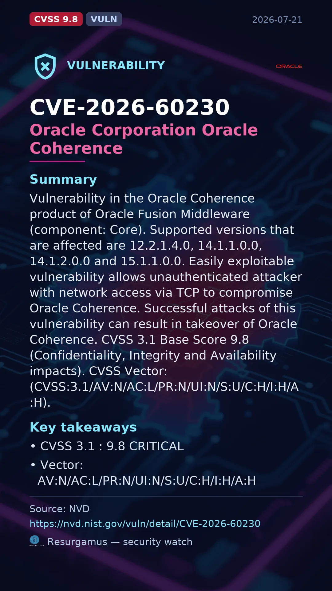 CVE-2026-60230 Oracle Corporation Oracle Coherence Vulnerability
