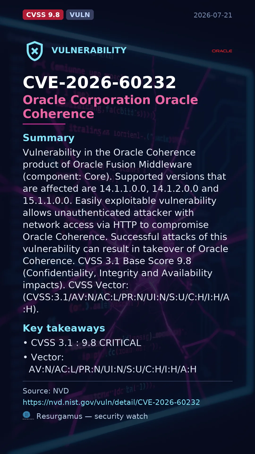 CVE-2026-60232 Oracle Corporation Oracle Coherence Vulnerability
