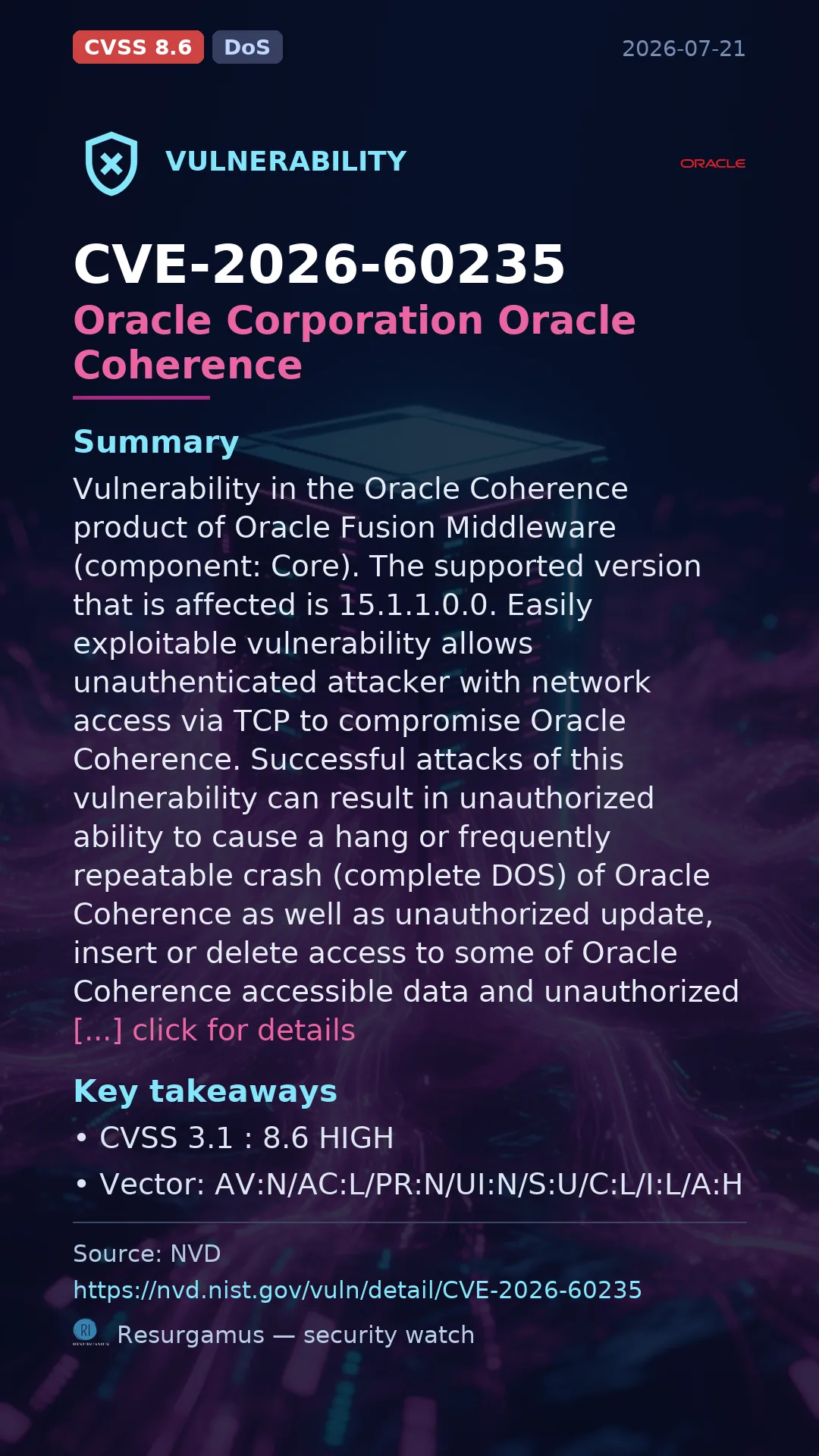 CVE-2026-60235 Oracle Corporation Oracle Coherence Vulnerability