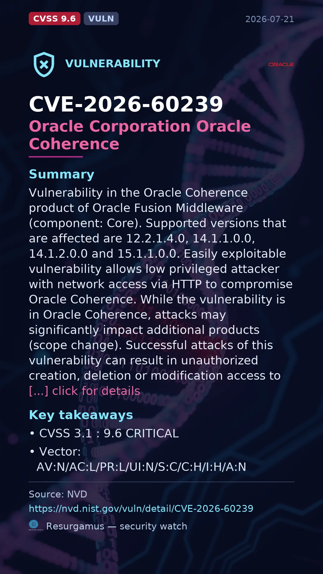 CVE-2026-60239 Oracle Corporation Oracle Coherence Vulnerability