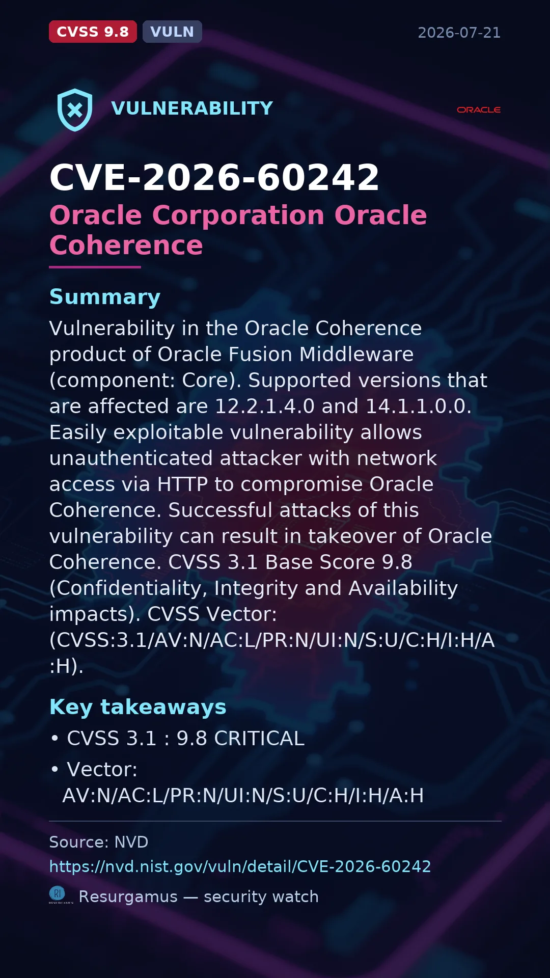 CVE-2026-60242 Oracle Corporation Oracle Coherence Vulnerability