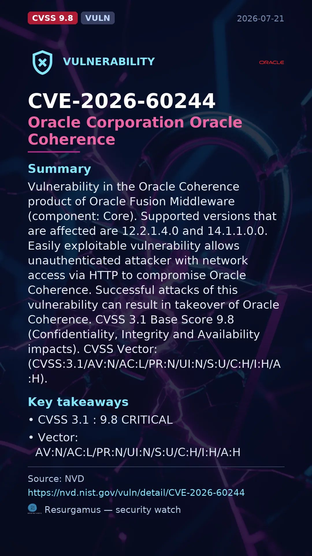 CVE-2026-60244 Oracle Corporation Oracle Coherence Vulnerability