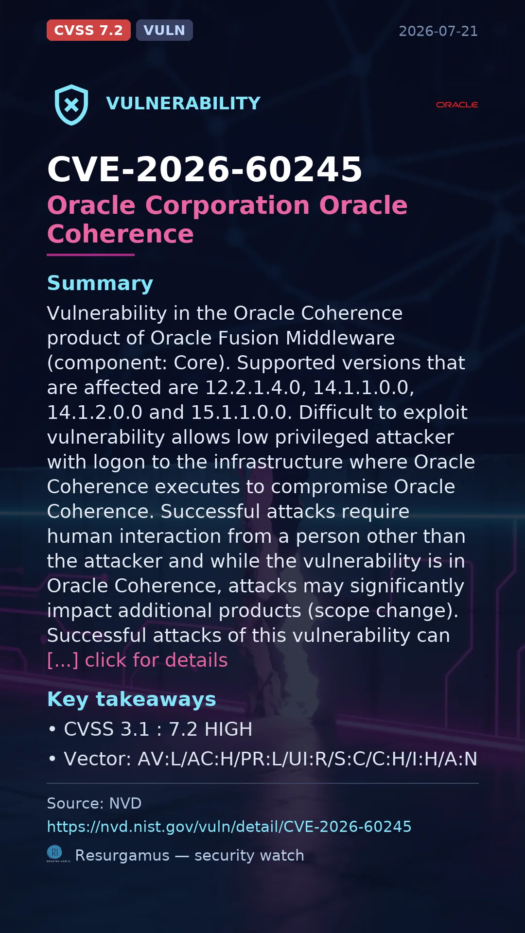CVE-2026-60245 Oracle Corporation Oracle Coherence Vulnerability
