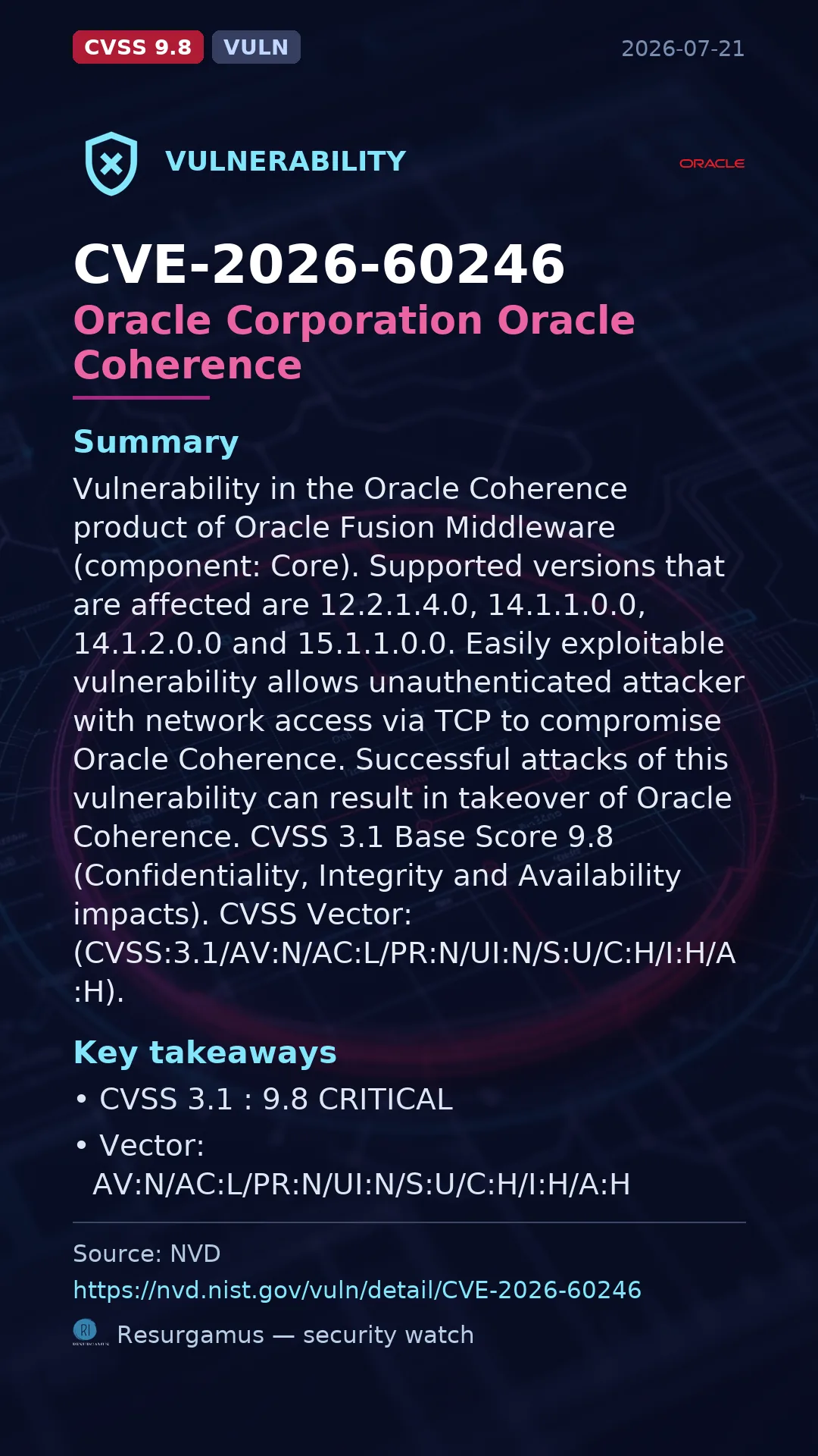 CVE-2026-60246 Oracle Corporation Oracle Coherence Vulnerability