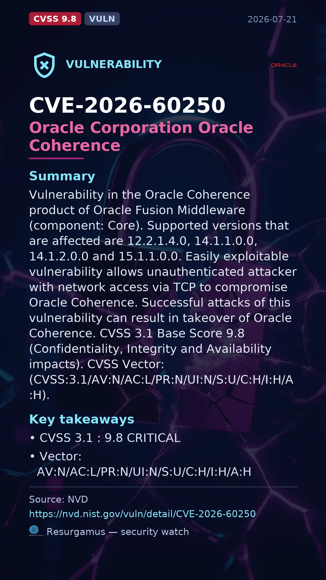 CVE-2026-60250 Oracle Corporation Oracle Coherence Vulnerability