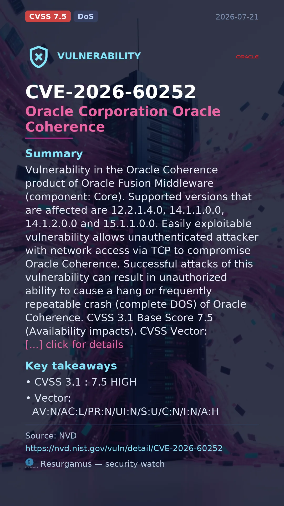CVE-2026-60252 Oracle Corporation Oracle Coherence Vulnerability