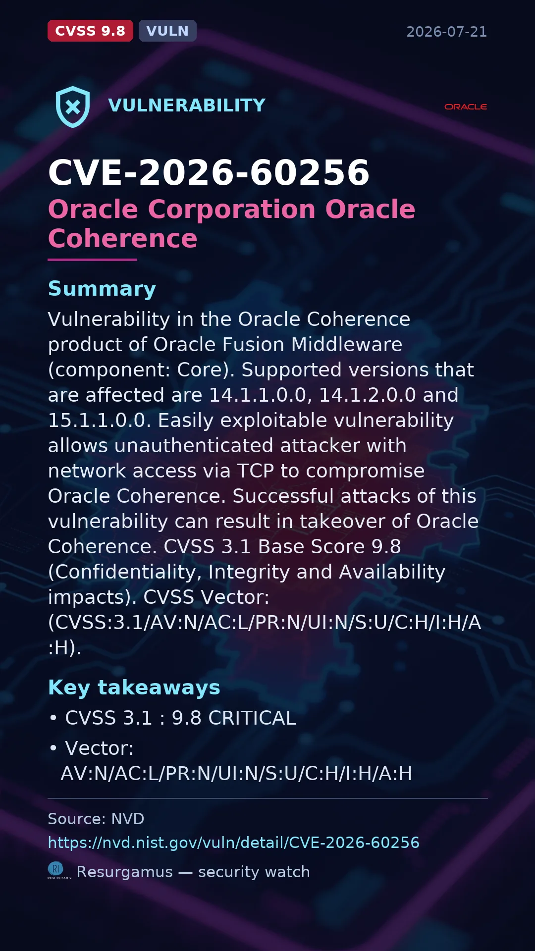 CVE-2026-60256 Oracle Corporation Oracle Coherence Vulnerability