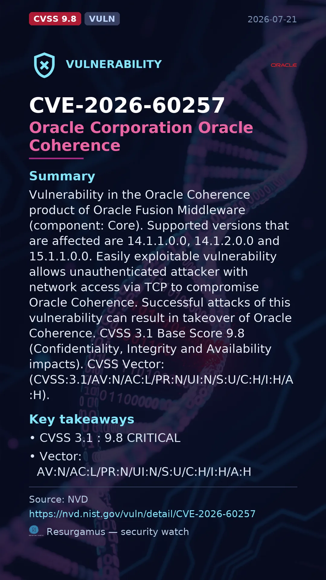 CVE-2026-60257 Oracle Corporation Oracle Coherence Vulnerability