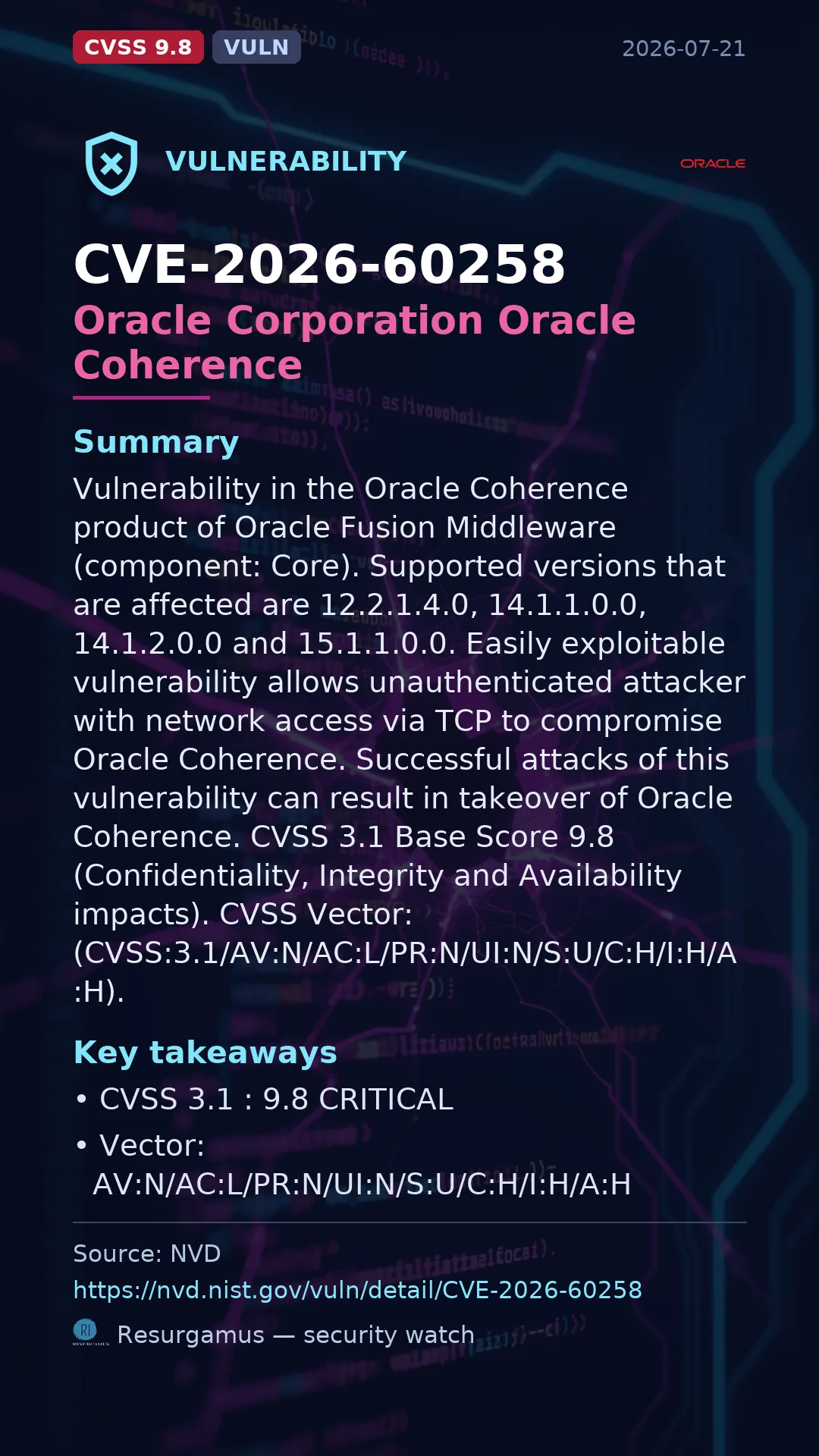 CVE-2026-60258 Oracle Corporation Oracle Coherence Vulnerability