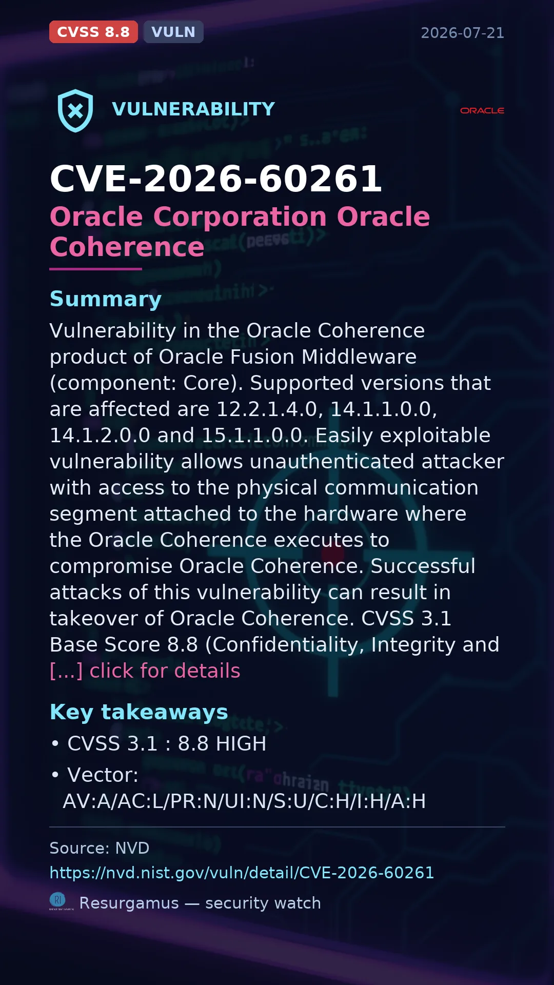 CVE-2026-60261 Oracle Corporation Oracle Coherence Vulnerability