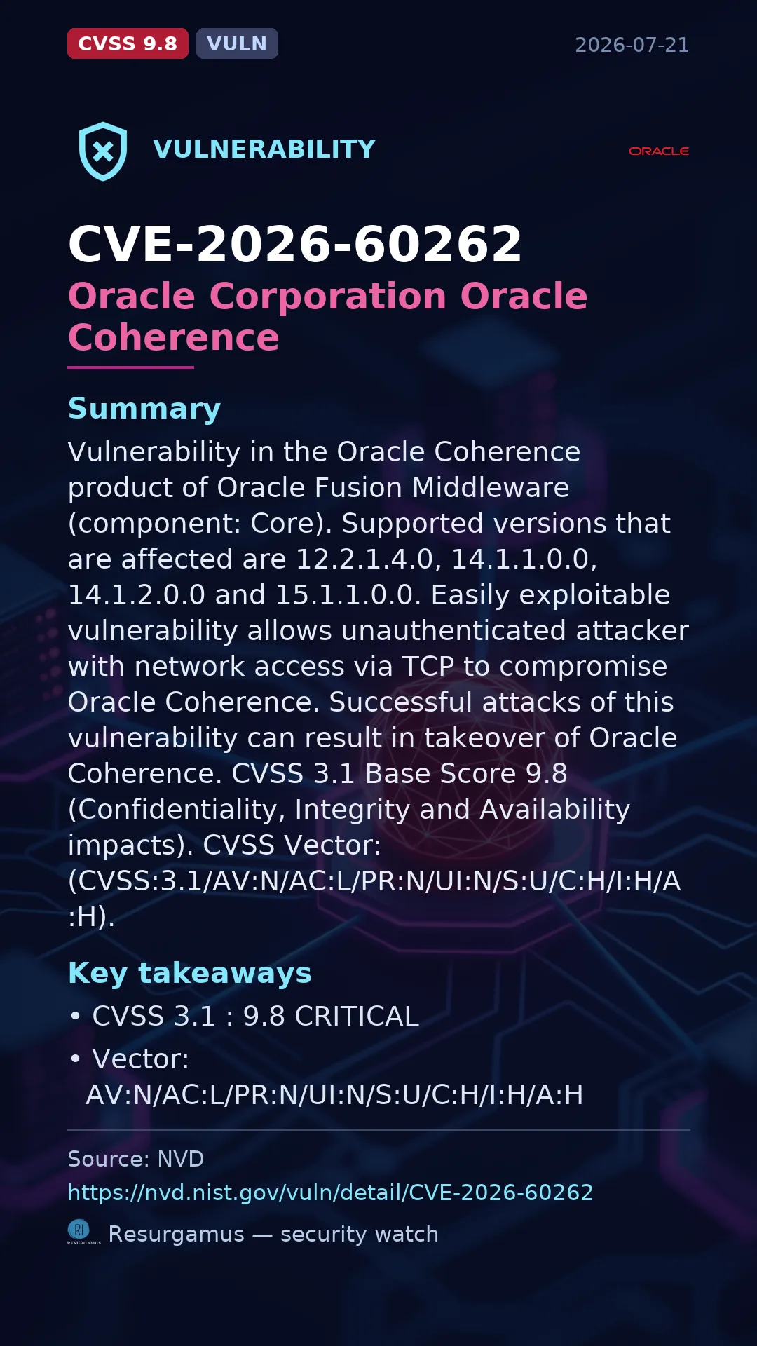 CVE-2026-60262 Oracle Corporation Oracle Coherence Vulnerability