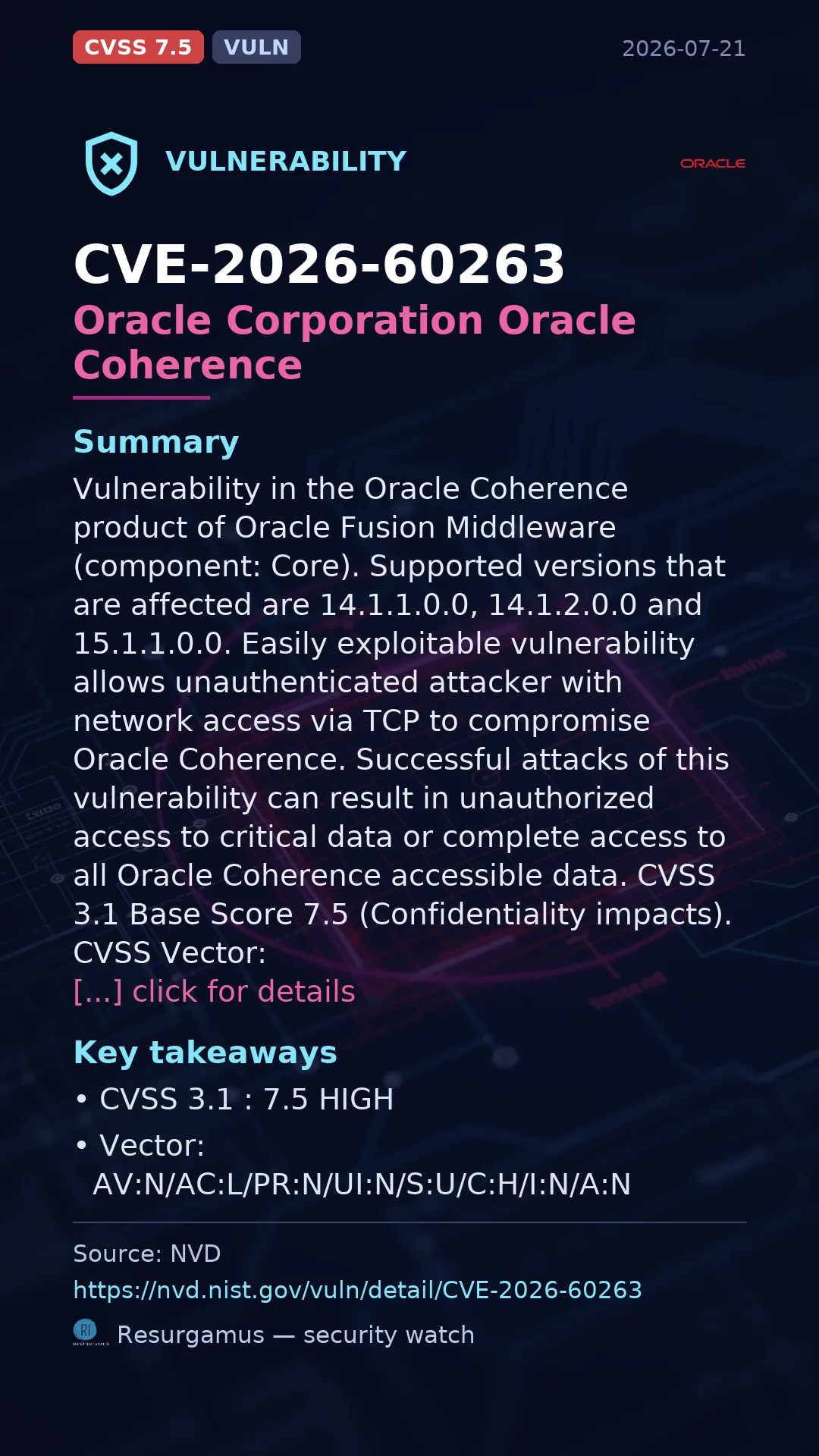 CVE-2026-60263 Oracle Corporation Oracle Coherence Vulnerability